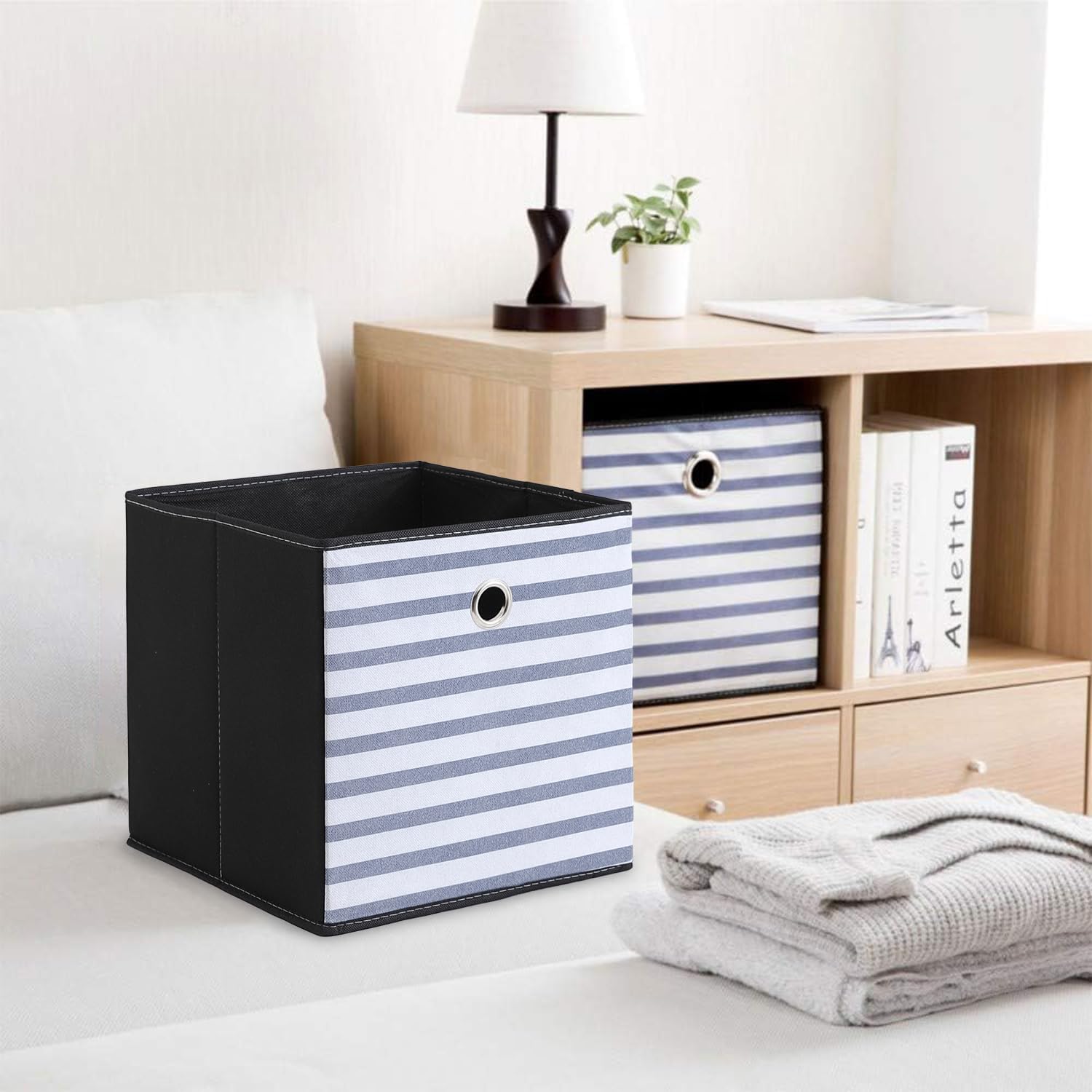 Kuber Industries Pack Of 3 Foldable Storage Basket|Square Toy Storage Bin|Front Grab Handle|Wardrobe, Closet Organizer (Navy Blu