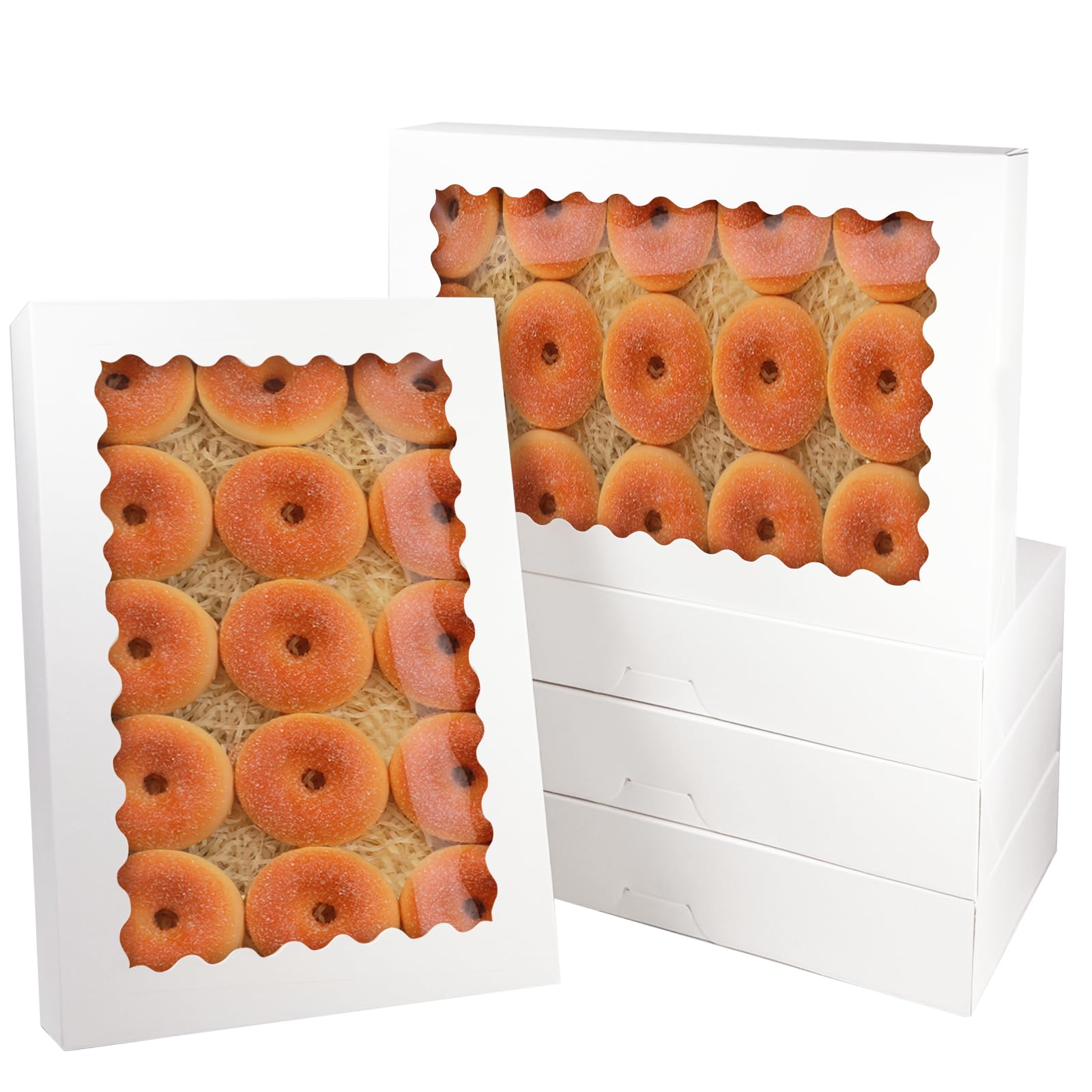 qiqee Auto-pop Up 14x10x2.5 Inch White Cookie Box with Window 15Pcs Pastry Macaron Bakery Box For Packaging