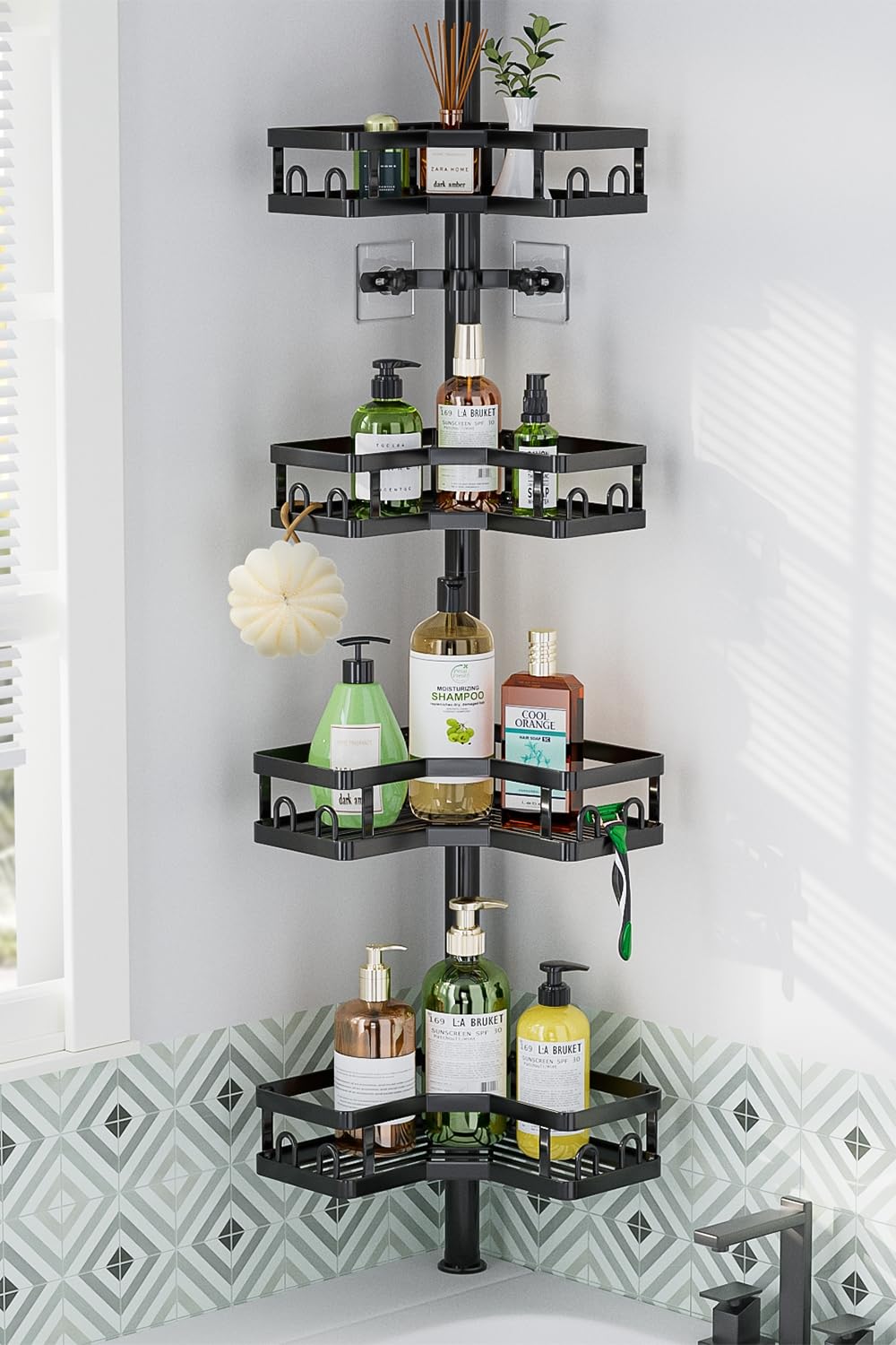 Hevel Corner Shower Caddy Tension Pole, 4 Tier Adjustable Shower Organizer Corner 62-115 Inch, Rustproof Bathroom Corner Shower