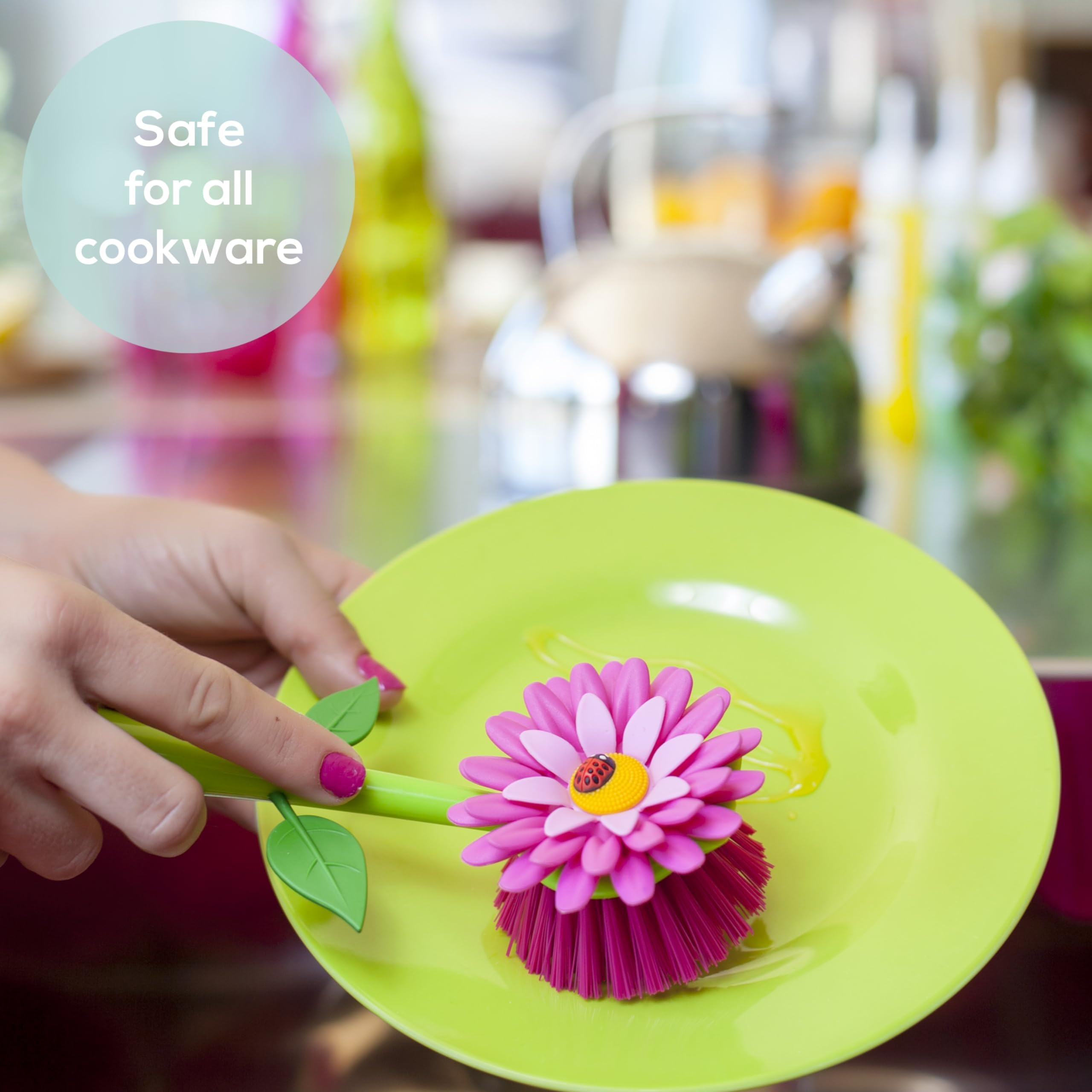 Vigar Flower Power Pink Dish Brush With Vase, 10-Inches, Pink, Green