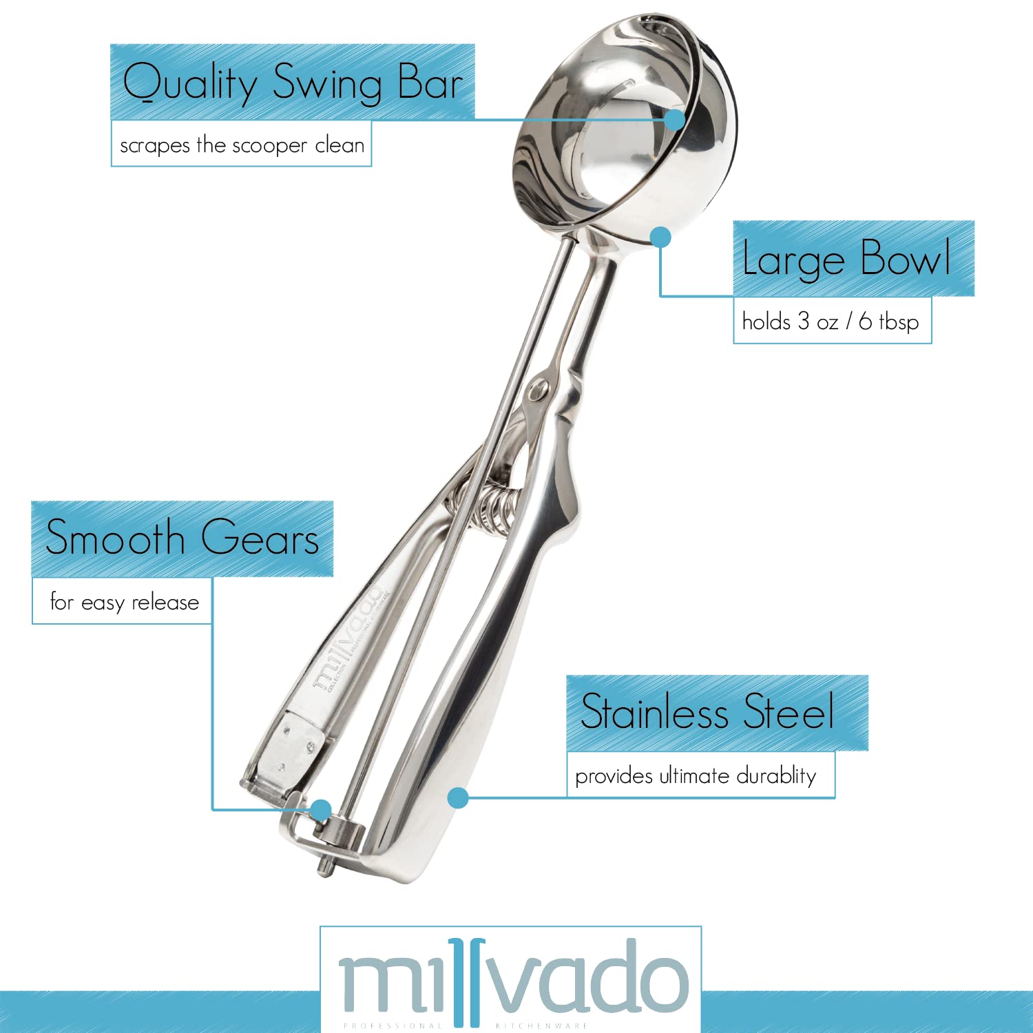 Millvado Stainless Steel Ice Cream And Cookie Scoop | Large Sized, Spring Loaded Lever Design, For Sorbet, Melon, Meatballs, Muf