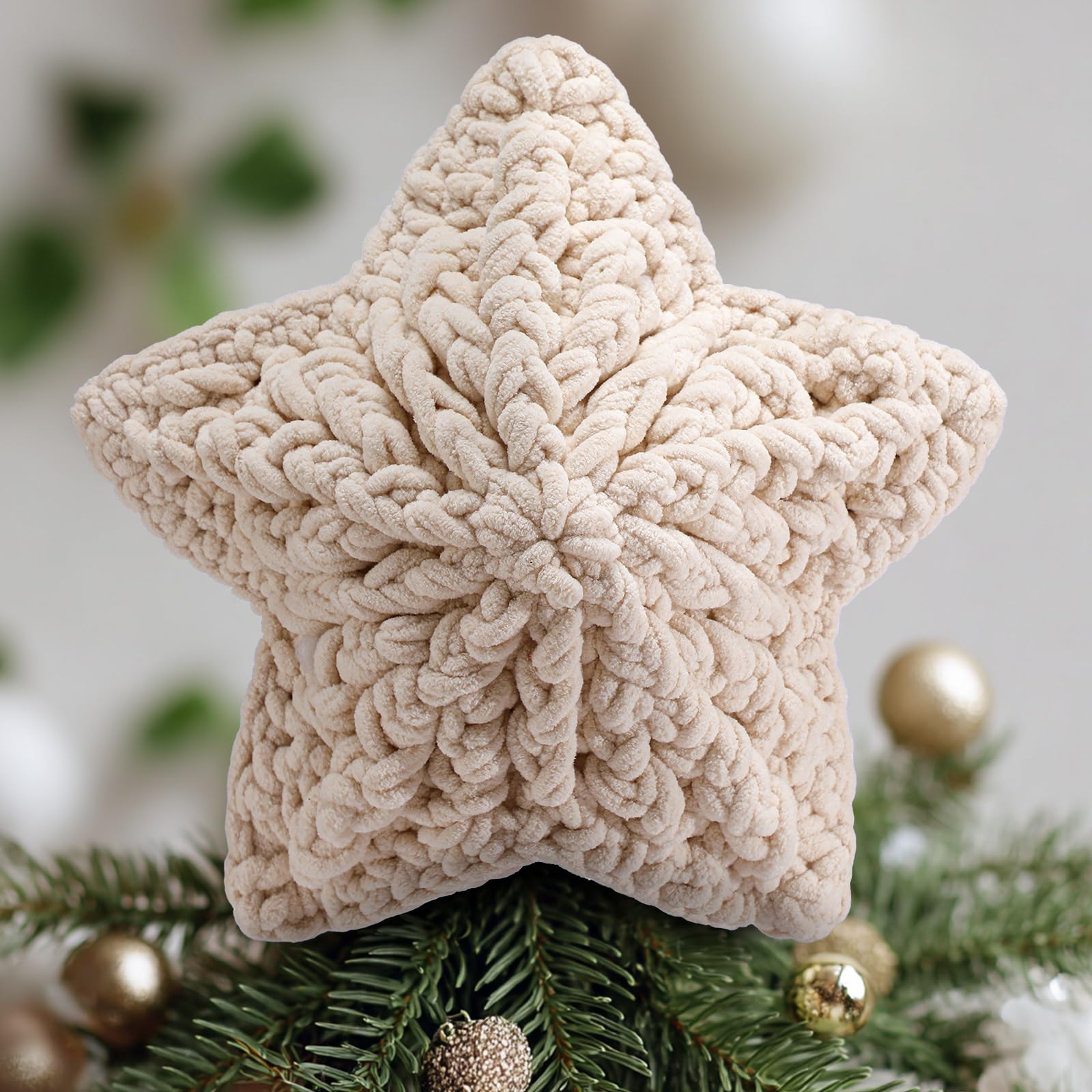 Syhood 10 Inch Star Christmas Tree Topper Crochet Chunky Yarn Star Xmas Decor for Christmas Tree Ornament Farmhouse Holiday Part