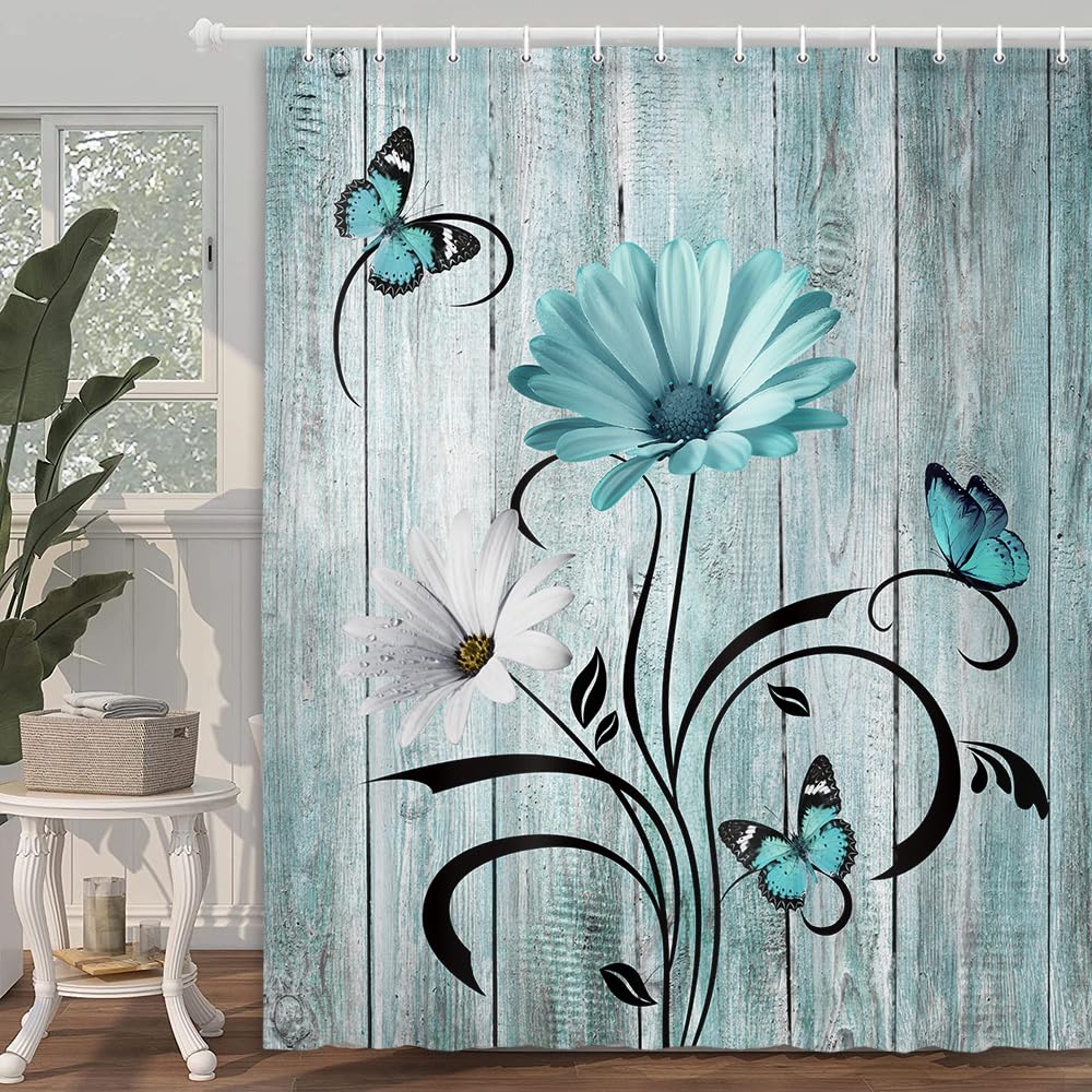 Rustic Farmhouse Floral Shower Curtain, Farm Boho Teal Daisy Flowers And Butterfly On Country Wooden Shower Curtain For Bathroom