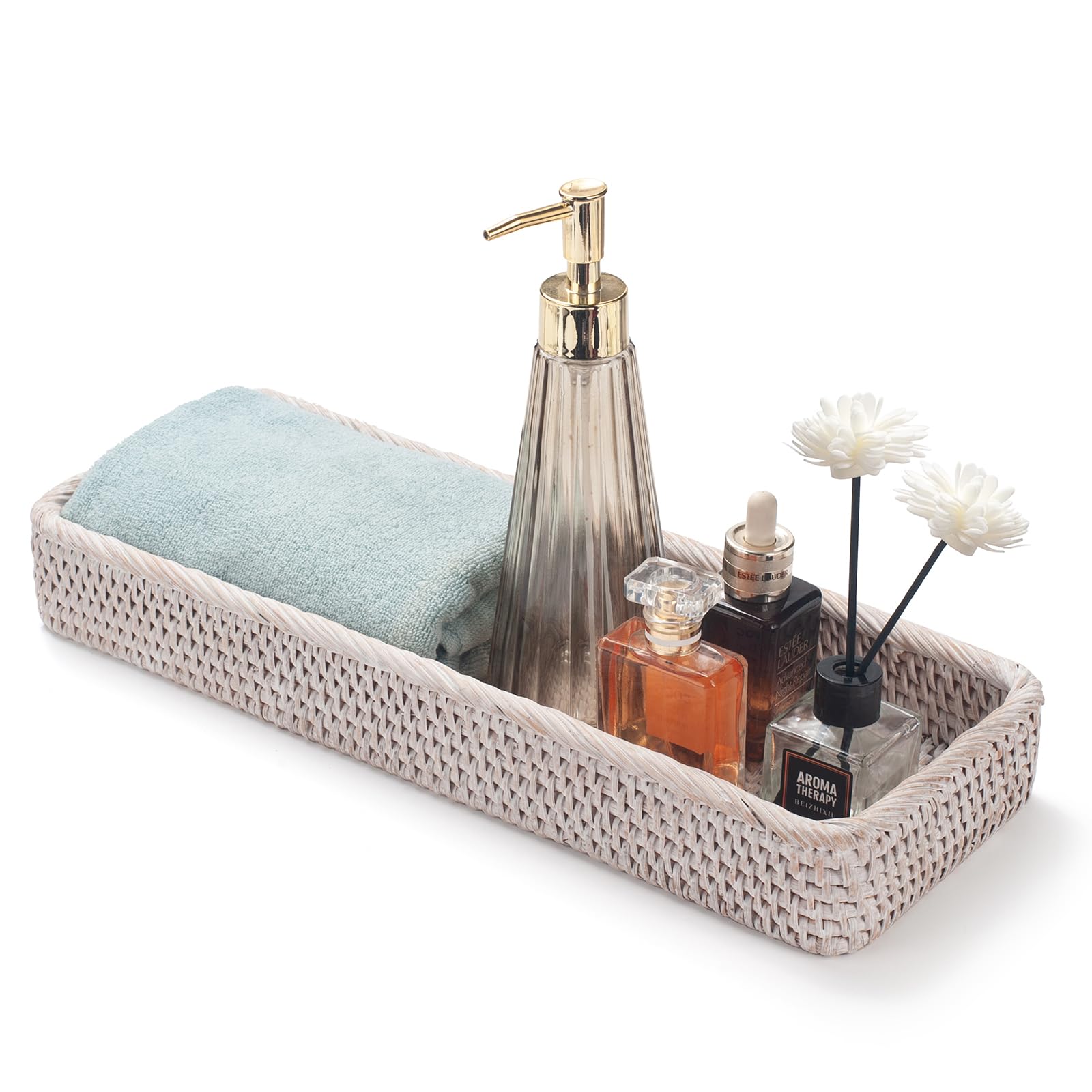 Rattan Bathroom Vanity Trays Toilet Tank Baskets Long Narrow Hand Towel Storage Basket For Storage, Decorative (Whitewash 16.3 X