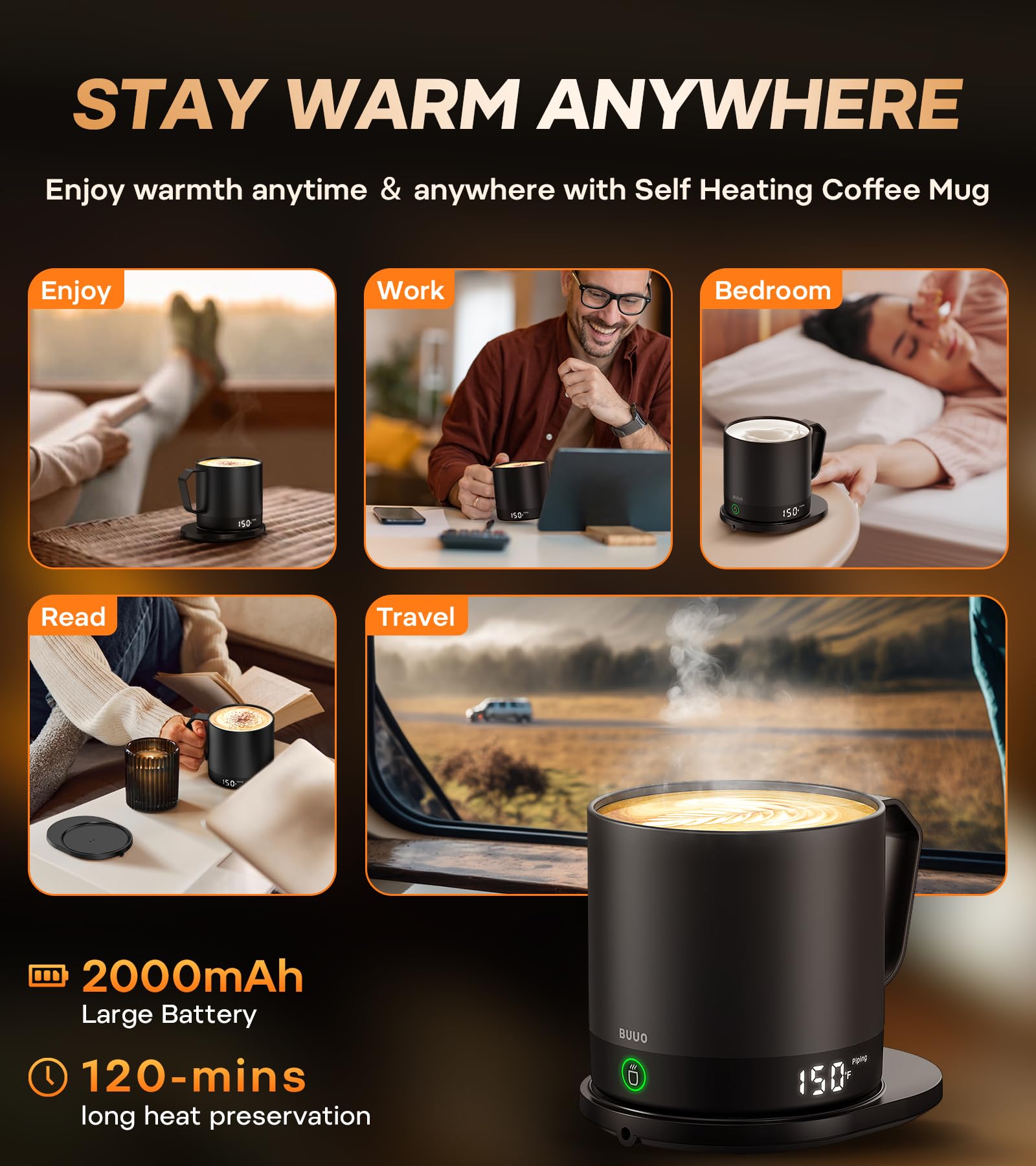 buuo Self Heating Coffee Mug - 14 Oz, Temperature Control, LED Display, Black, Premium Stainless Steel with Ceramic Coating