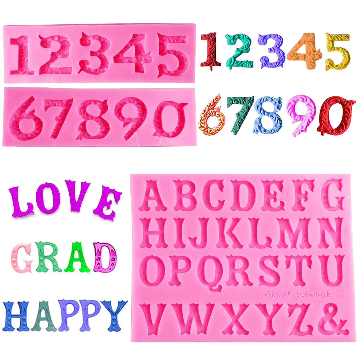 Silicone Fondant Molds, Aimeiki 3 Pack 3D Silicone Number 0-9 Alphabet A-Z Embossed Fondant Chocolate Baking Molds For Decoratin
