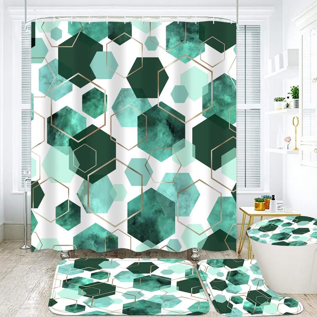 Lqcool 4Pcs Indigo Shower Curtain Set Marble Grain Geometric Bathroom Set Fresh Turquoise Abstract Bathroom Curtain Set With 12