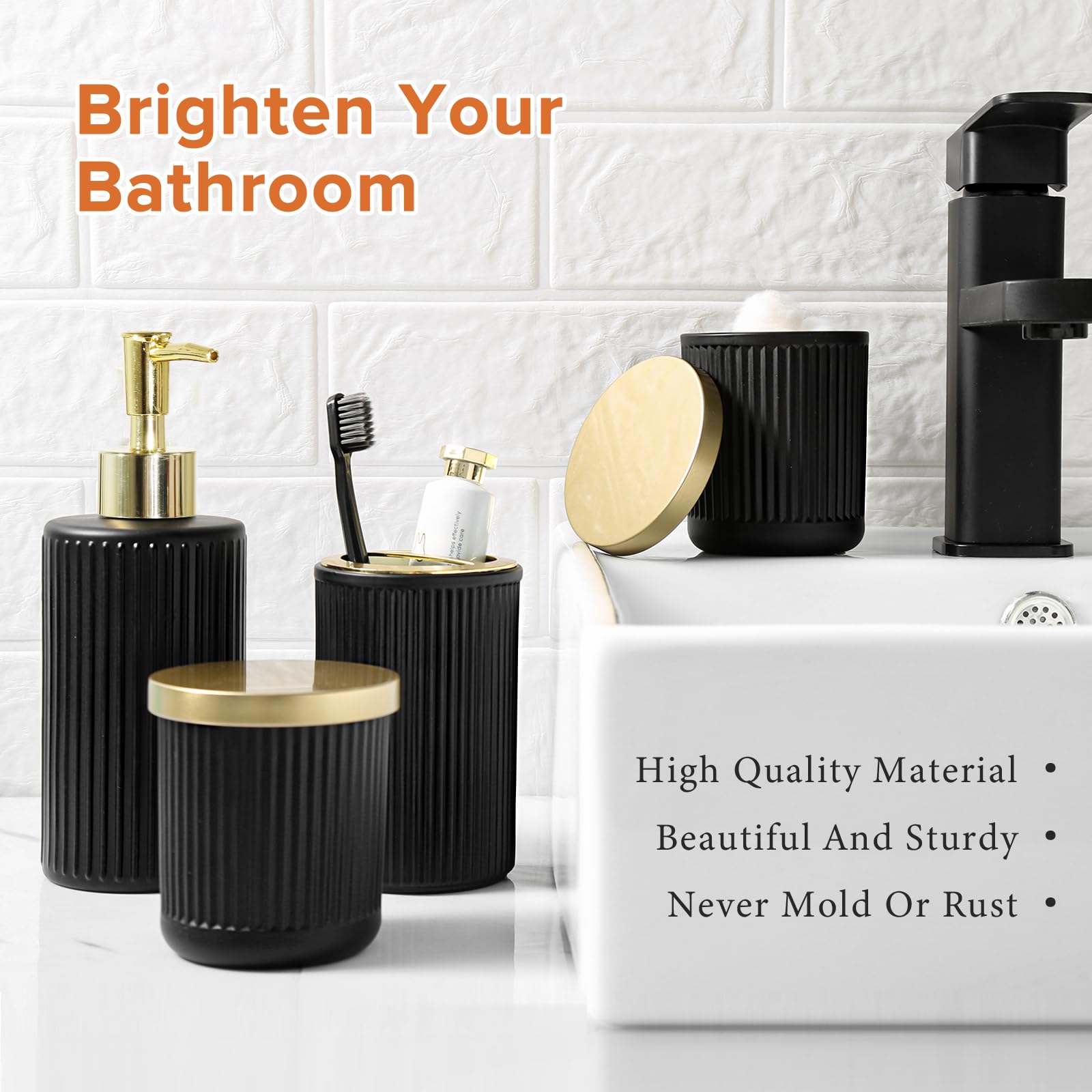 Rytoxilo Matte Black And Gold Bathroom Accessories Set, 4 Pack Glass Bath Accessory Sets Complete, Ribbed Soap Dispenser And Too