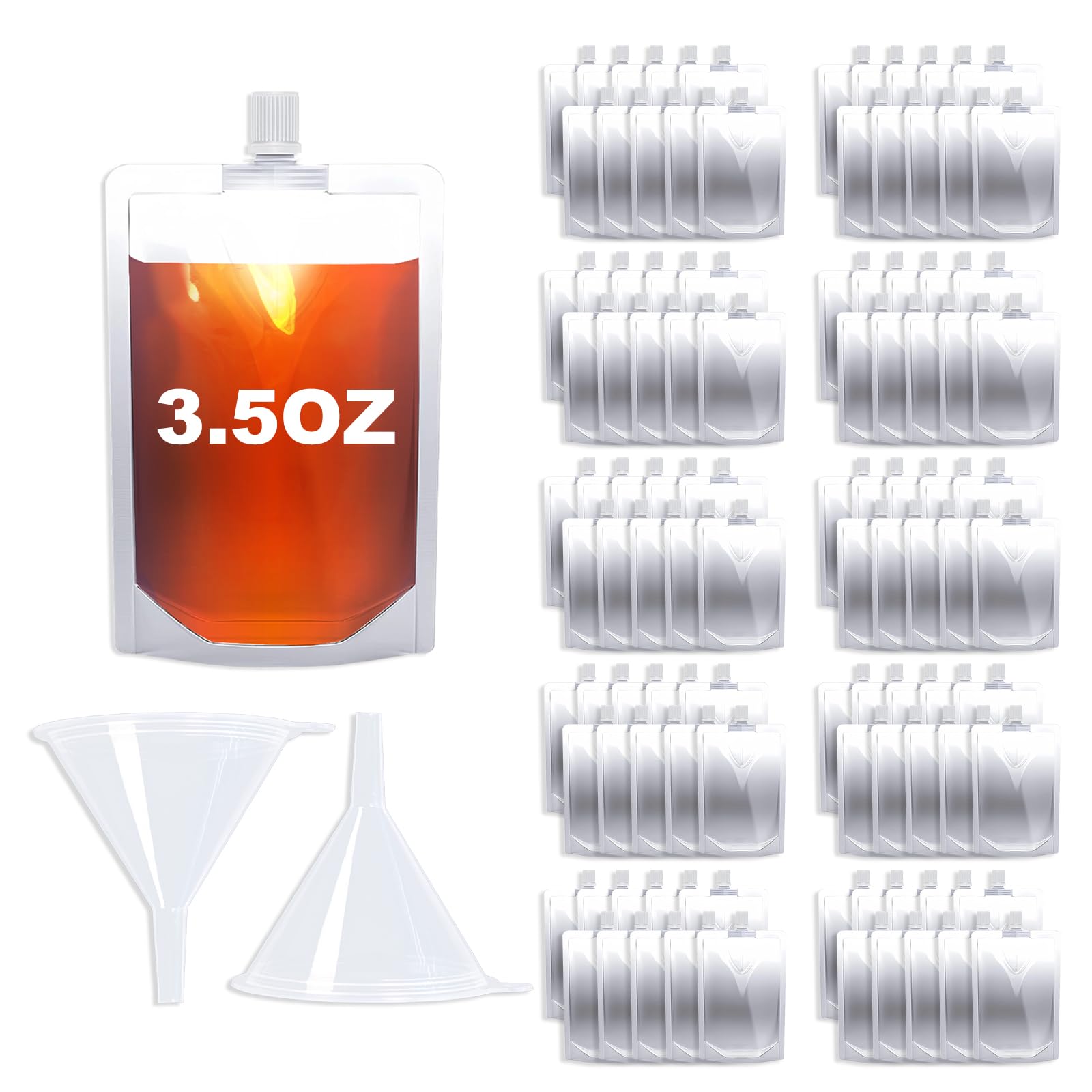NexLevVac 100PCS 3.5OZ Plastic Flasks,Reusable Drink Pouches with Funnel,Spouted Drinking Bags for Liquid Beverage Juice,LeakPr