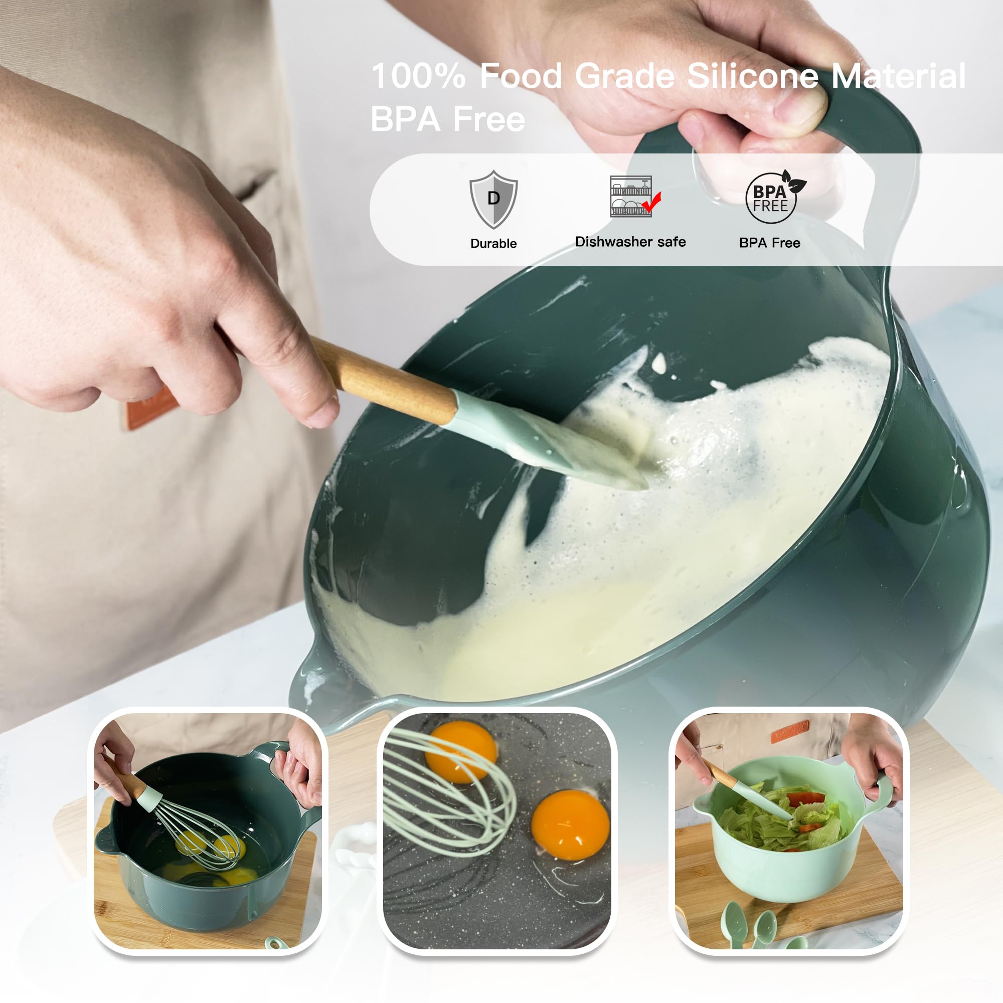 Plasic Mixing Bowls Set With Baking Supplies, Green Nesting Bowls With Pour Spout/Handle, Non-Slip Base, Measuring Spoons Set, E