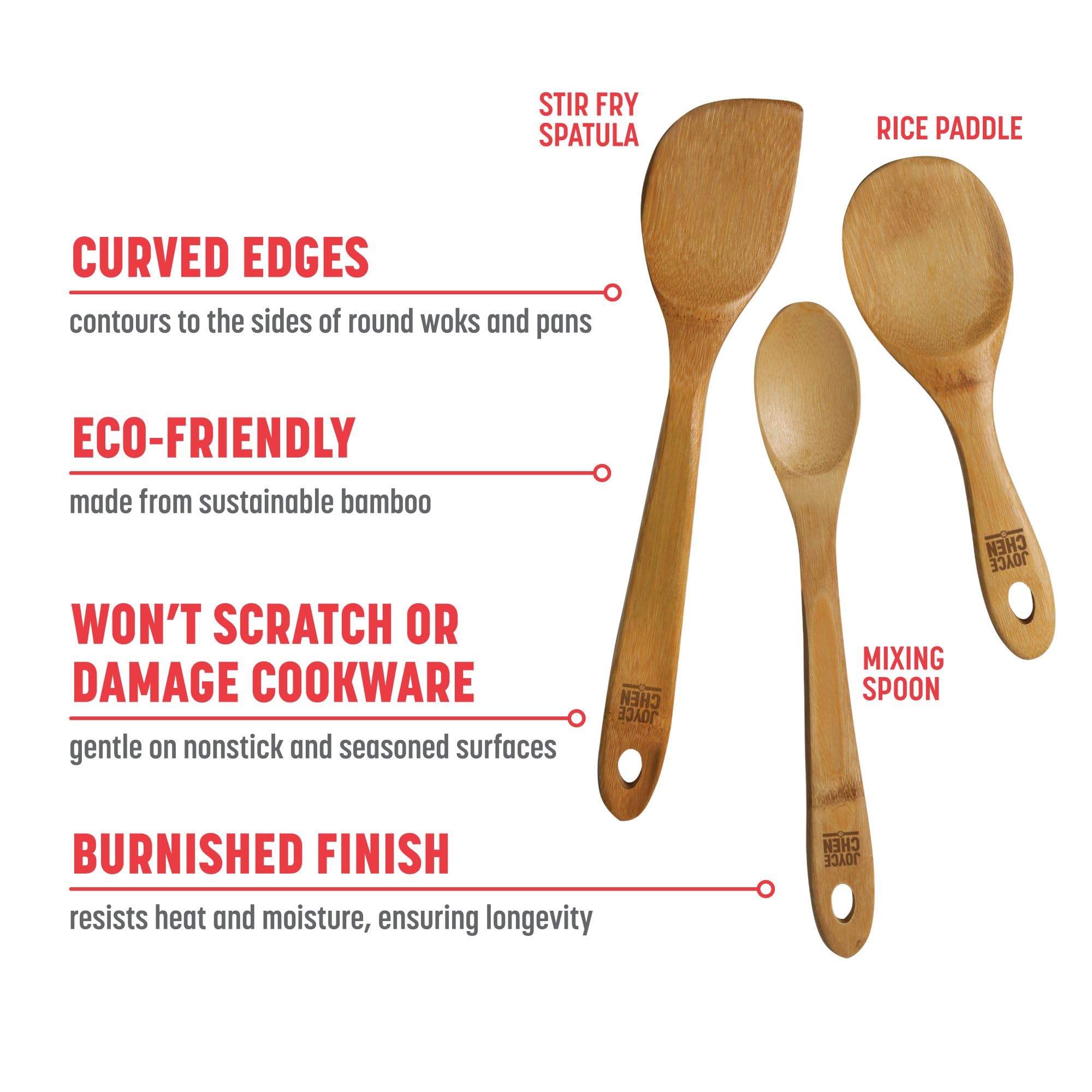 Joyce Chen Burnished Bamboo Wok Utensils, 3-Piece Stir Fry Set
