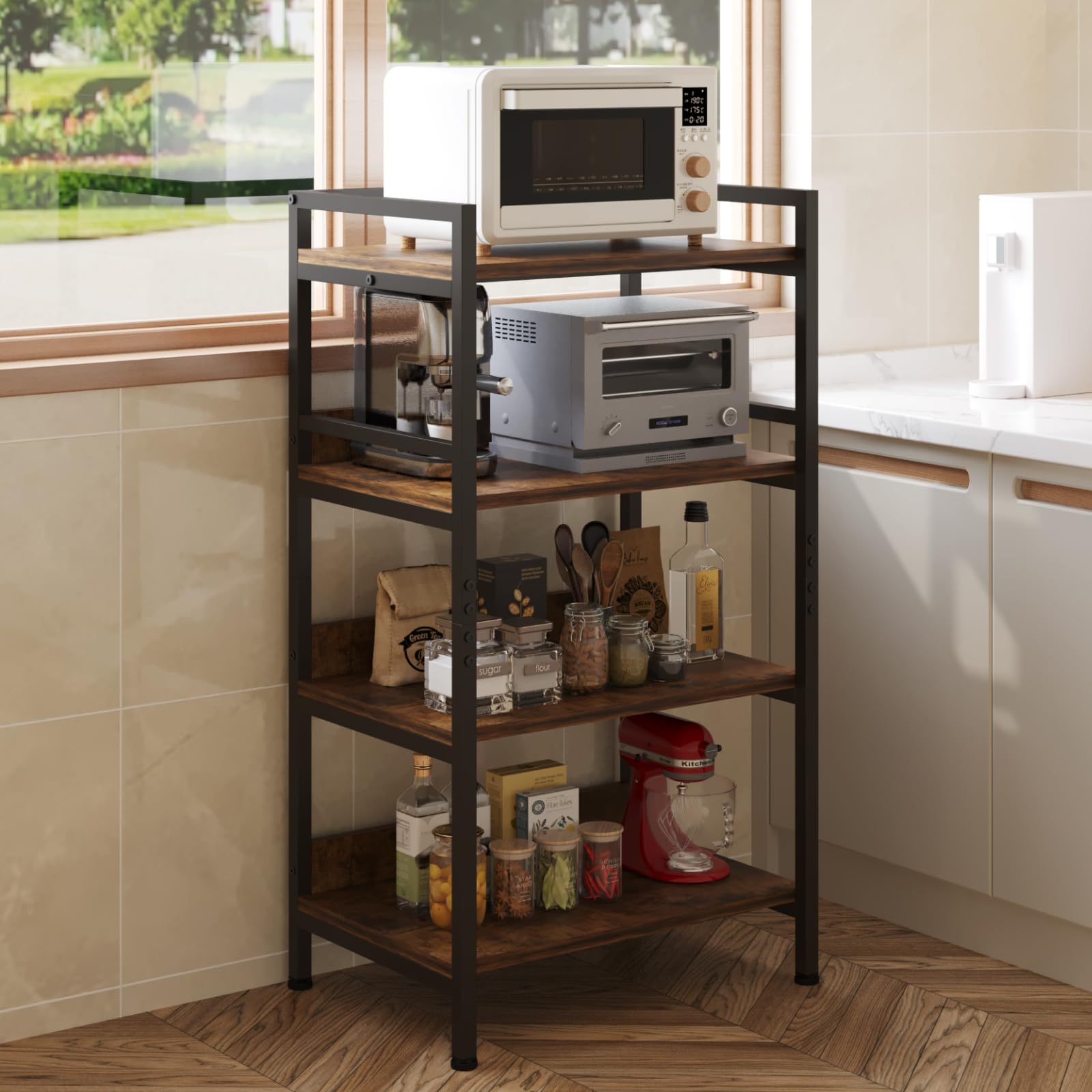 Home Cube 4Tier Metal Storage Shelf With Wooden Shelves, Kitchen Organizer Rack, Microwave Stand, Bookshelf, Standing Shelf Uni