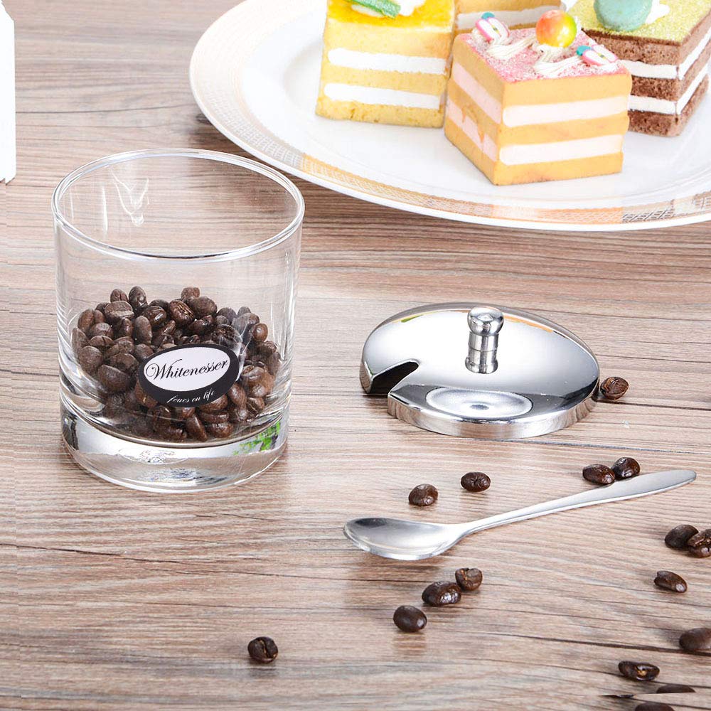 Whitenesser Glass Sugar Bowl With Lid And Spoon For Coffee, Set Of Clear Glass Spices Bottles Jar With Lid And Stainless Steel S