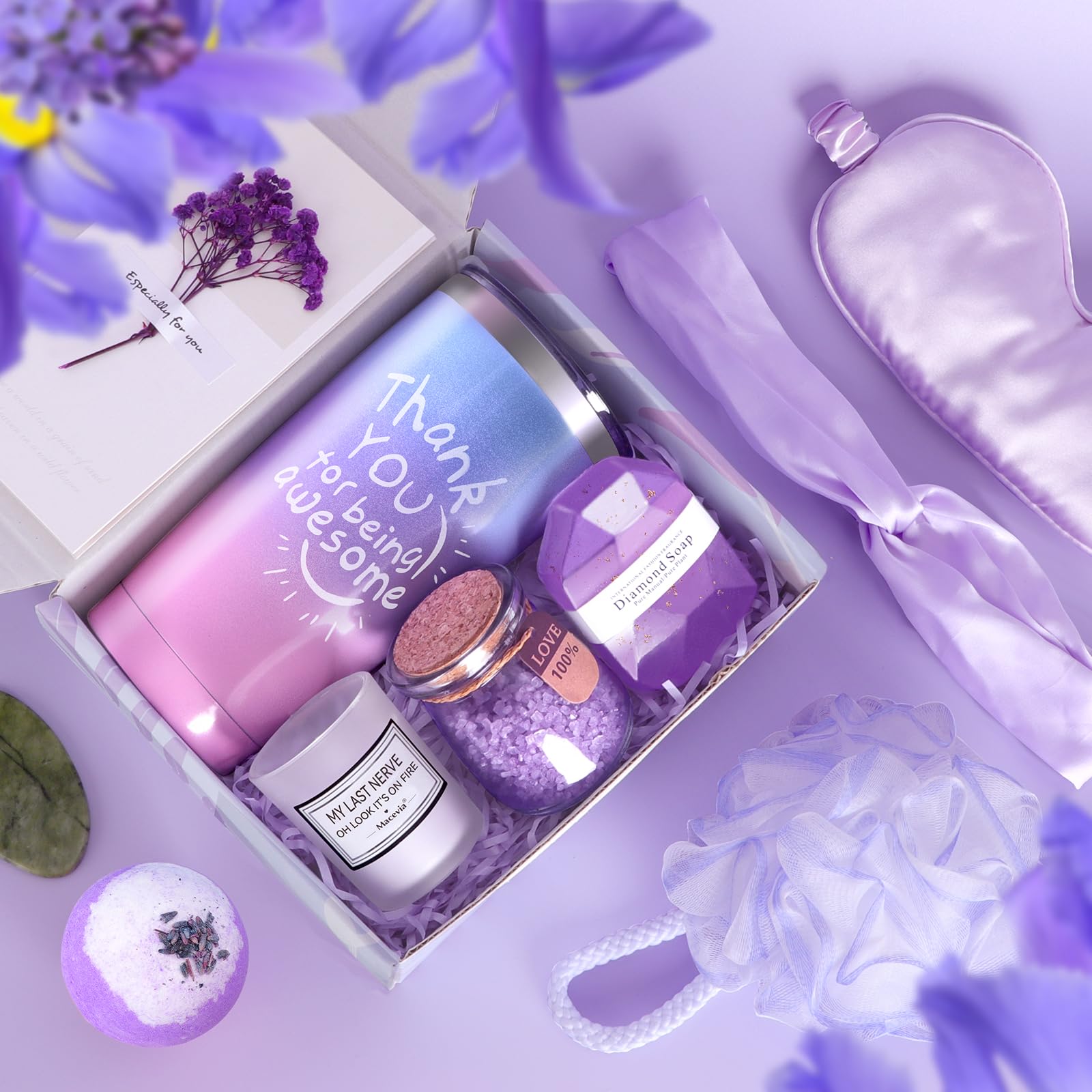 Macevia Birthday Gifts for Women, Unique Relaxing Lavender Gift Basket Set for Birthday, Mothers Day, Care Package Gifts for Mom