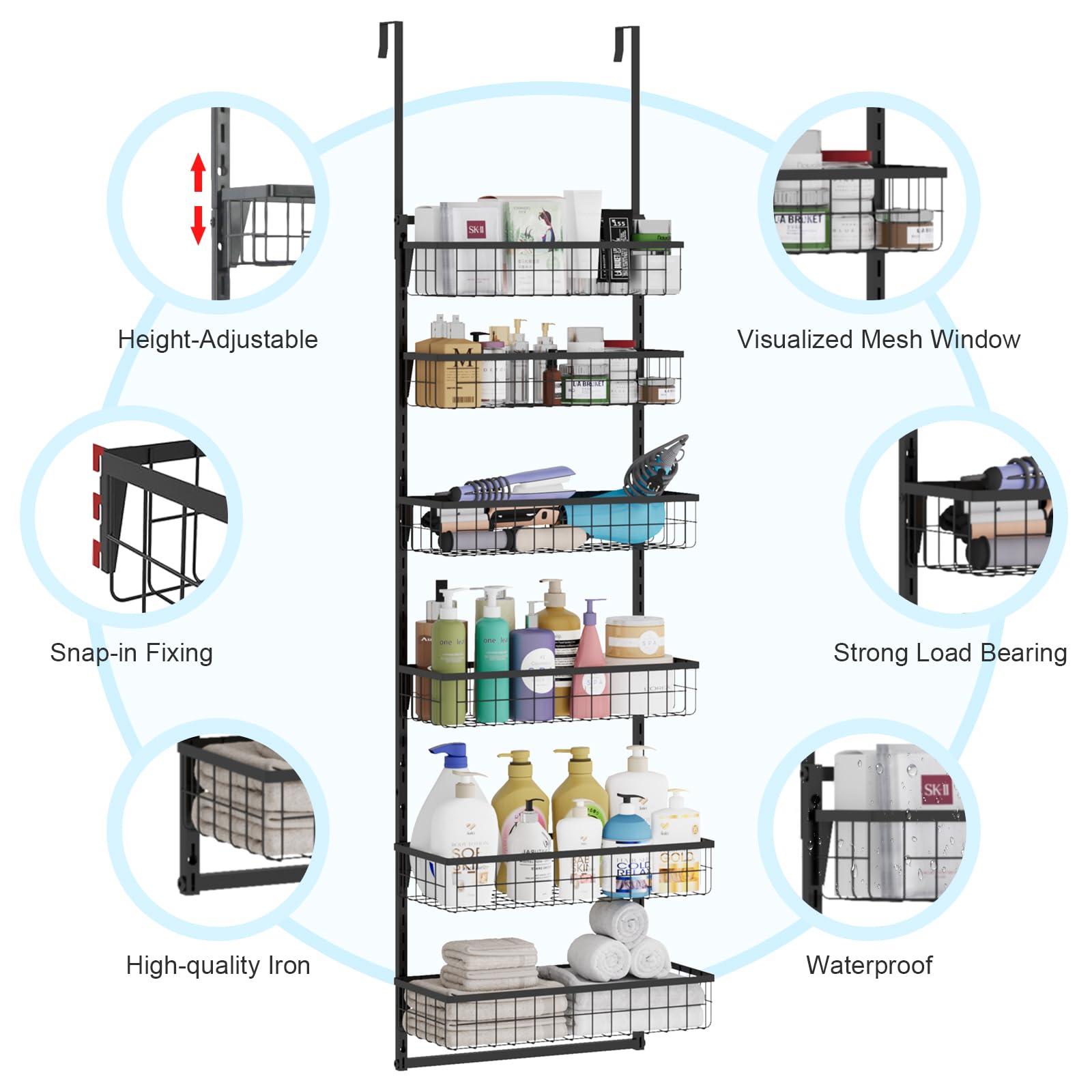LUMAMU Over The Door Bathroom Organizer, 6-Tier Adjustable Metal Baskets Hanging Bathroom Organizer, Over The Door Organizer wit