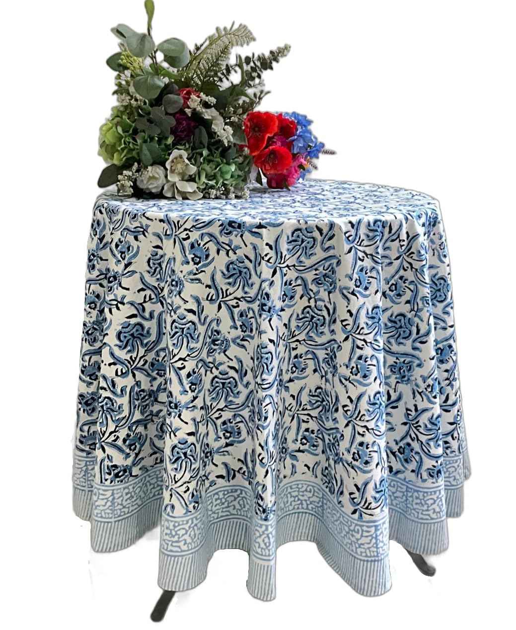 ATOSII Midnight Bloom 100% Cotton Round Tablecloth, Handblock Print Floral Table Cloth for Kitchen Dining Linen I Parties, Weddi