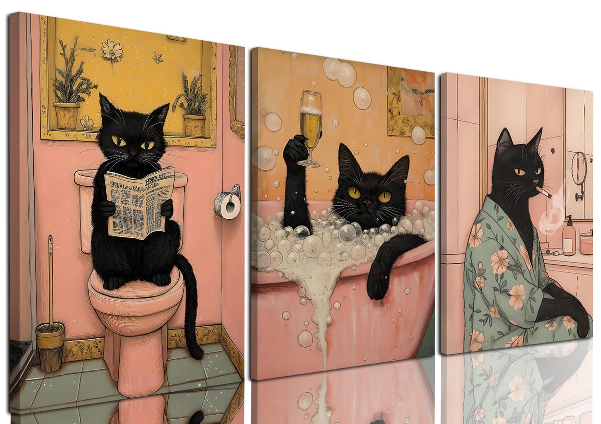 Funny Japanese Bathroom Wall Art Set Of 3, Whimsical Black Cat Bathroo ...