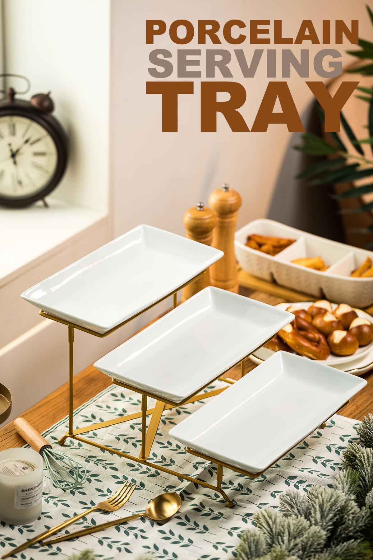 Lauchuh 3 Tier Serving Stand Porcelain Serving Platter Tier Serving Trays With Collapsible Sturdier Rack, Serving Dishes And Pla