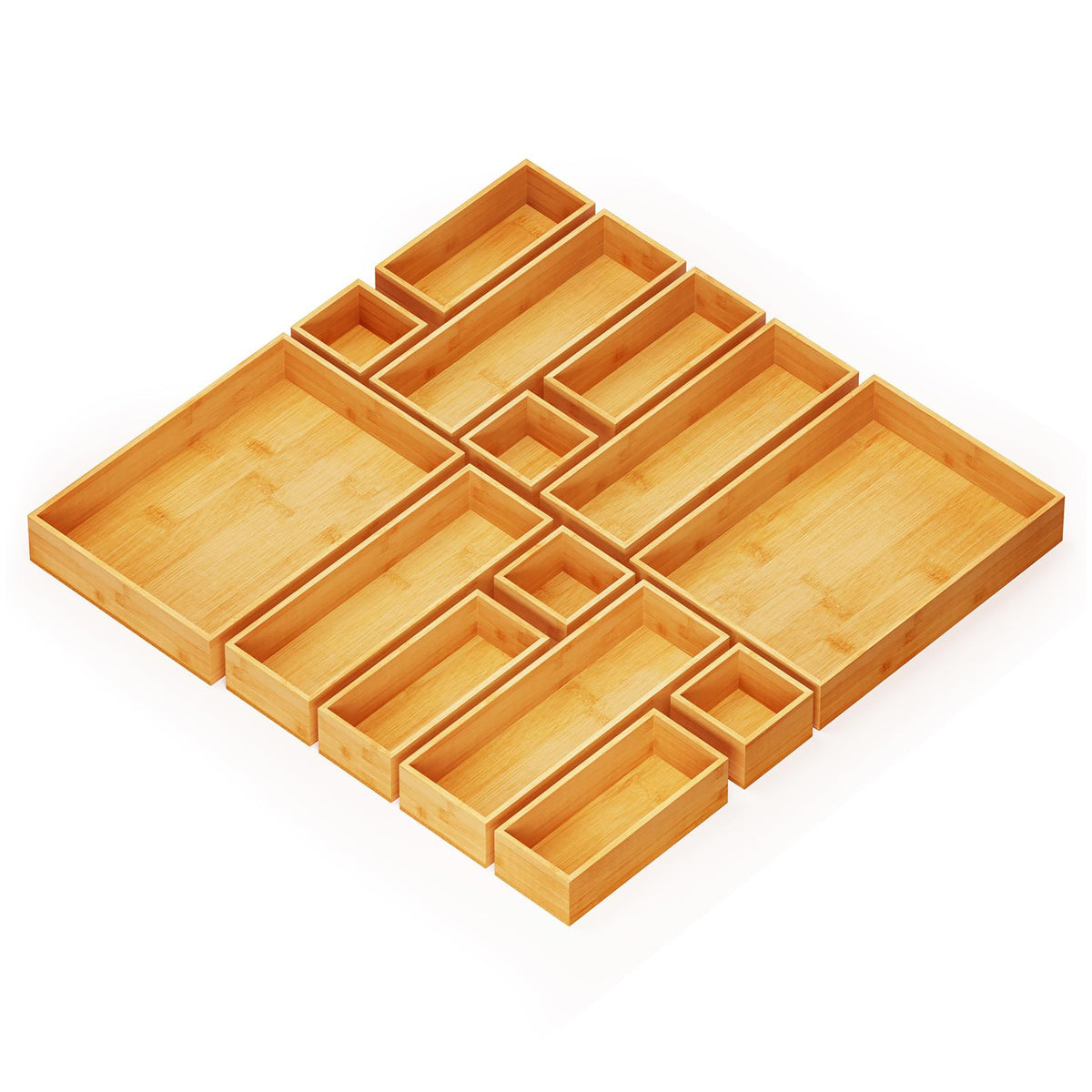 SpaceAid 14-Piece Bamboo Drawer Organizer Storage Boxes Set, Wood Tray Junk Drawer Organizers Multi-Use Divider Bins for Kitchen