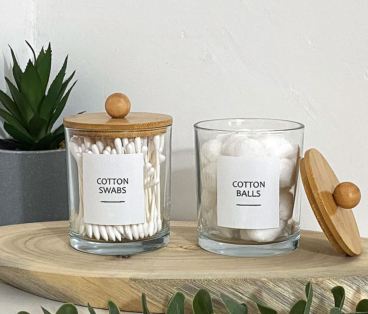 Onsogi Glass Apothecary Jars With Bamboo Lids For Bathroom Organization, Q Tip Holder And Cotton Ball Holder Are Great For Farmh