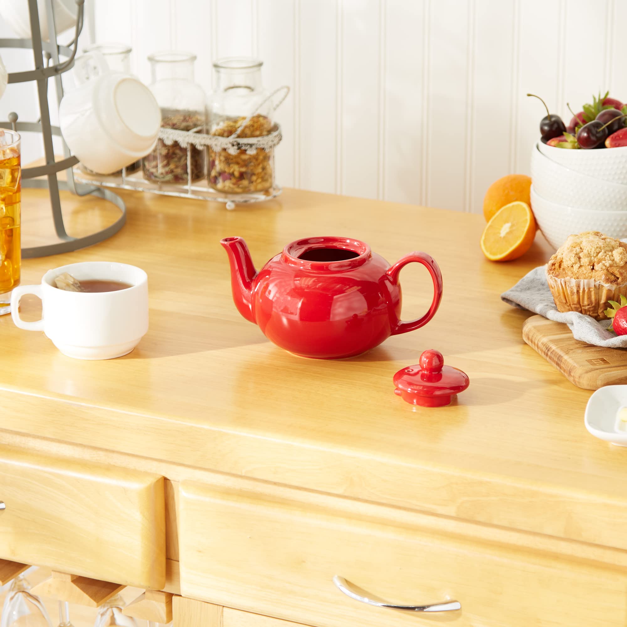 Rsvp International Stoneware Teapot Collection, Microwave And Dishwasher Safe, 16 Oz, Red