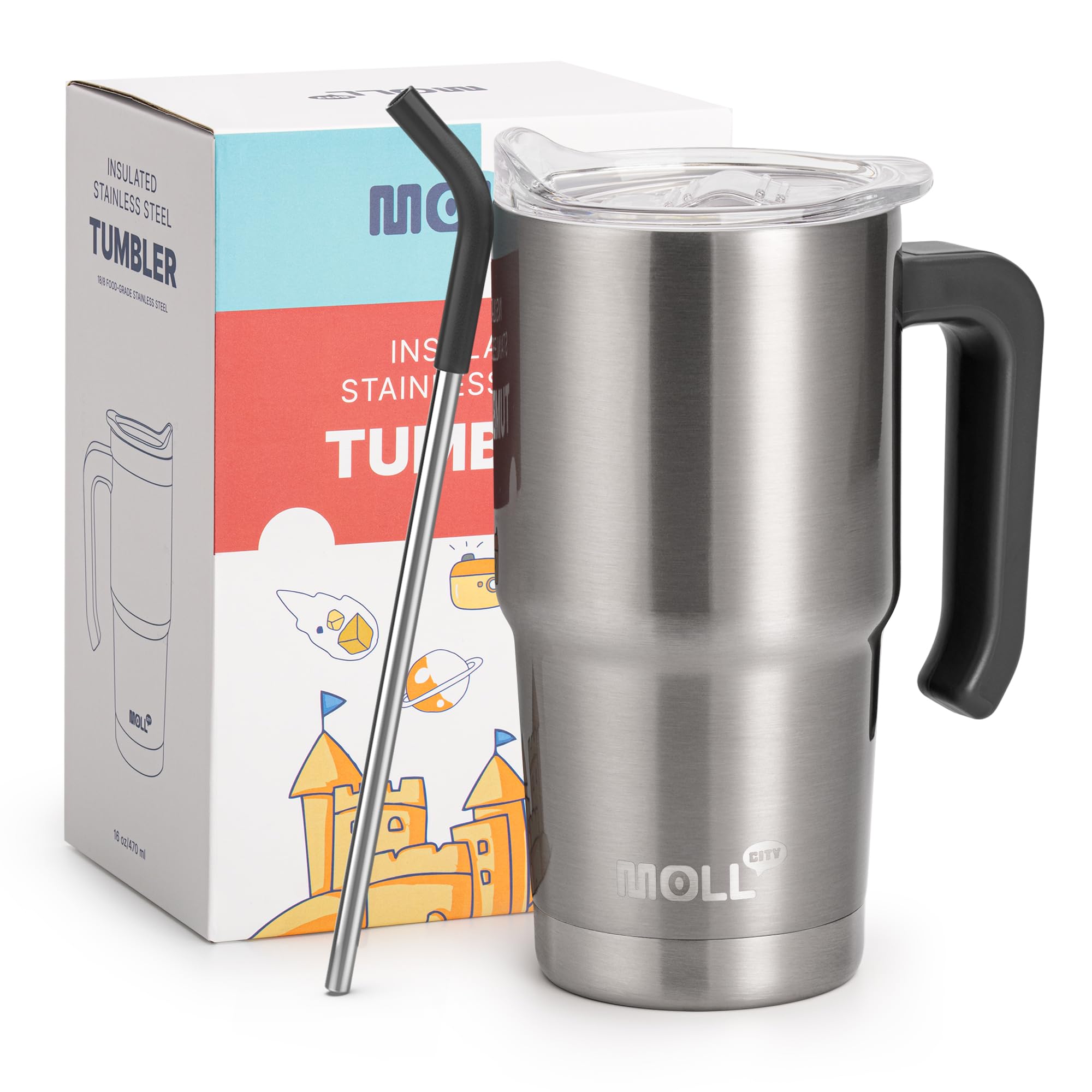 Mollcity Insulated Tumbler with Handle 16 oz Stainless Steel Double Wall Vacuum Tumbler Cups Travel Coffee Mug with Lid and Stra