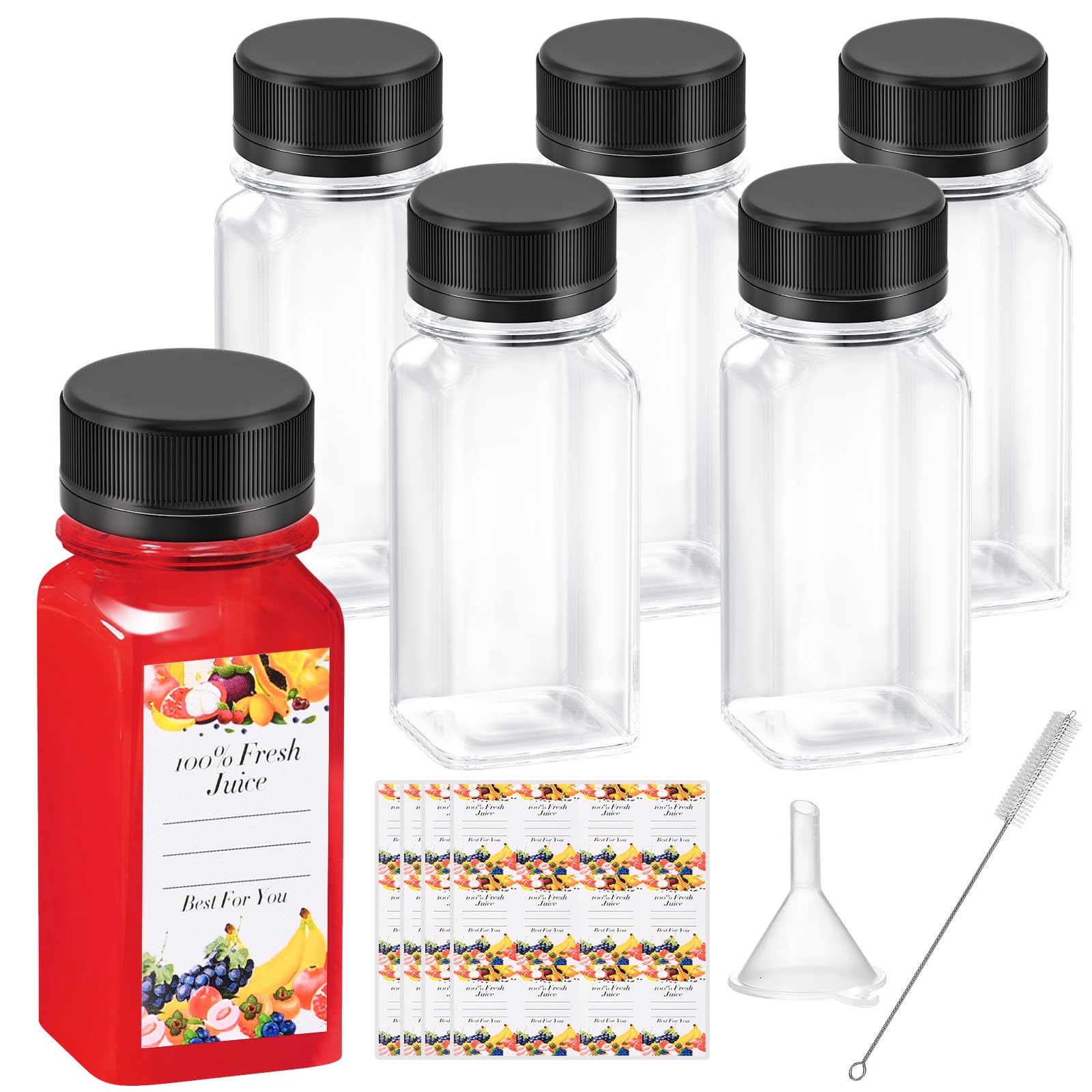 6Pcs 2Oz Bottles With Caps, Empty Juice Bottles For Juicing, Reusable Juice Containers With Labels, Small Clear Plastic Juice Bo