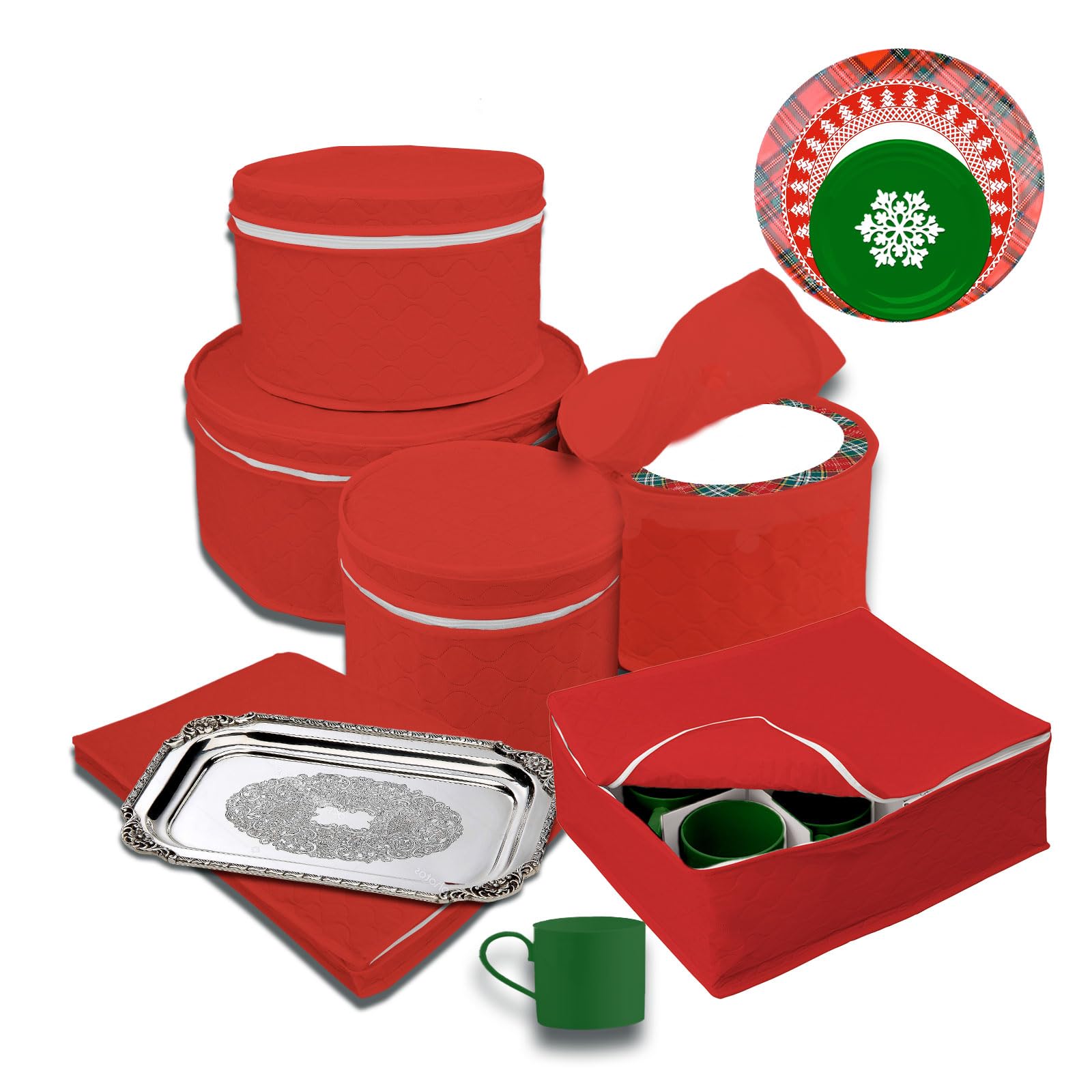 LAMINET 6-Piece Quilted Dinnerware Storage Set - 4 Plate Cases, Cup & Platter Case - Red, Durable Nylon, Starter Size