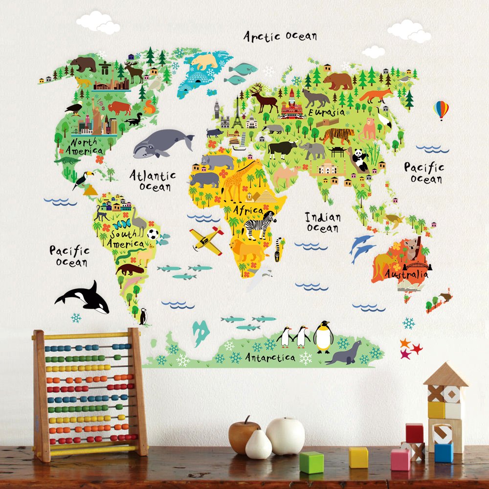 Homeevolution Large Kids Educational Animal Landmarks World Map Peel & Stick Wall Decals Stickers Home Decor Art For Nursery