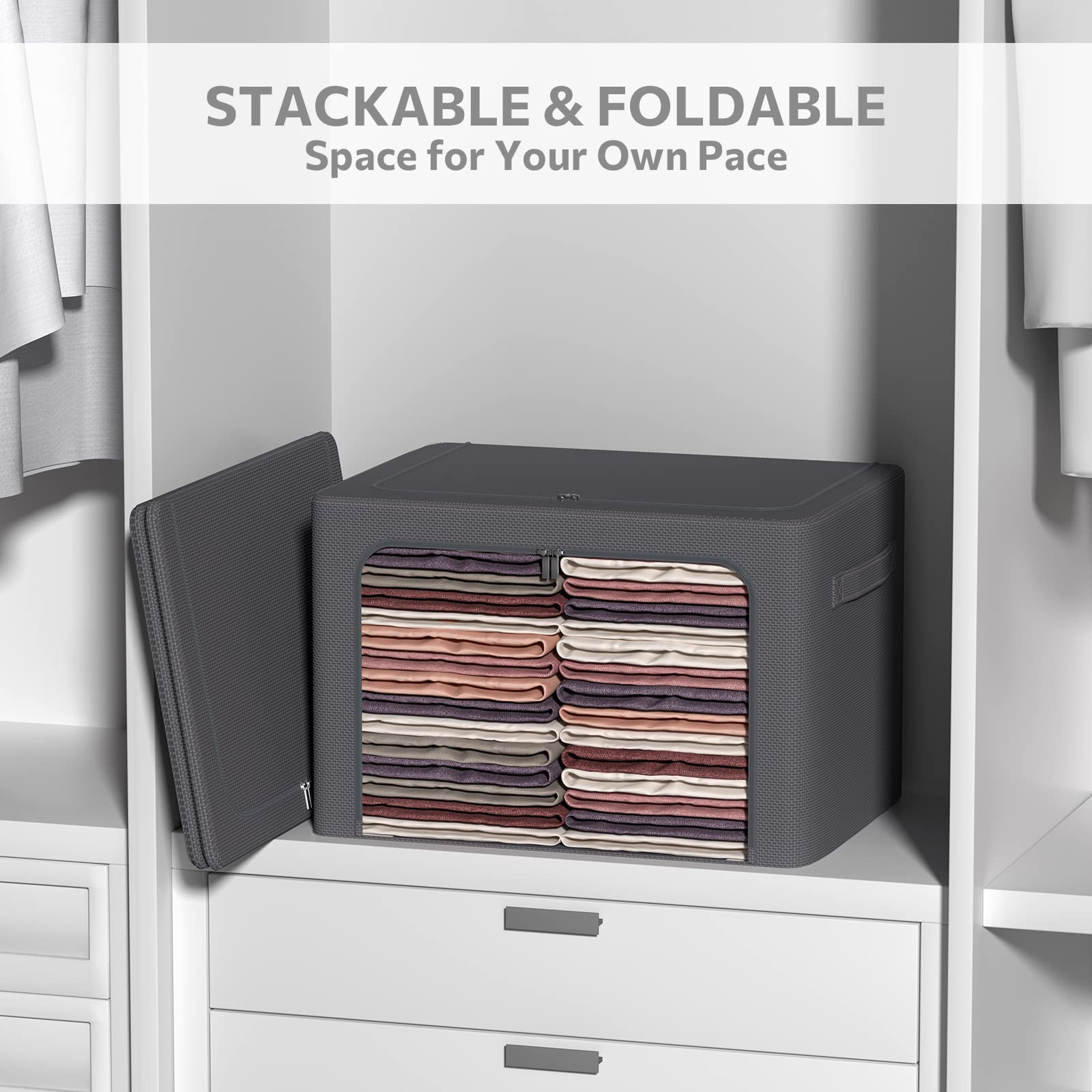 3Pack Stackable Clothes Storage Bins - Oxford Frame Storage Box Foldable Clothing Storage Container Organizer Set with Clear Win