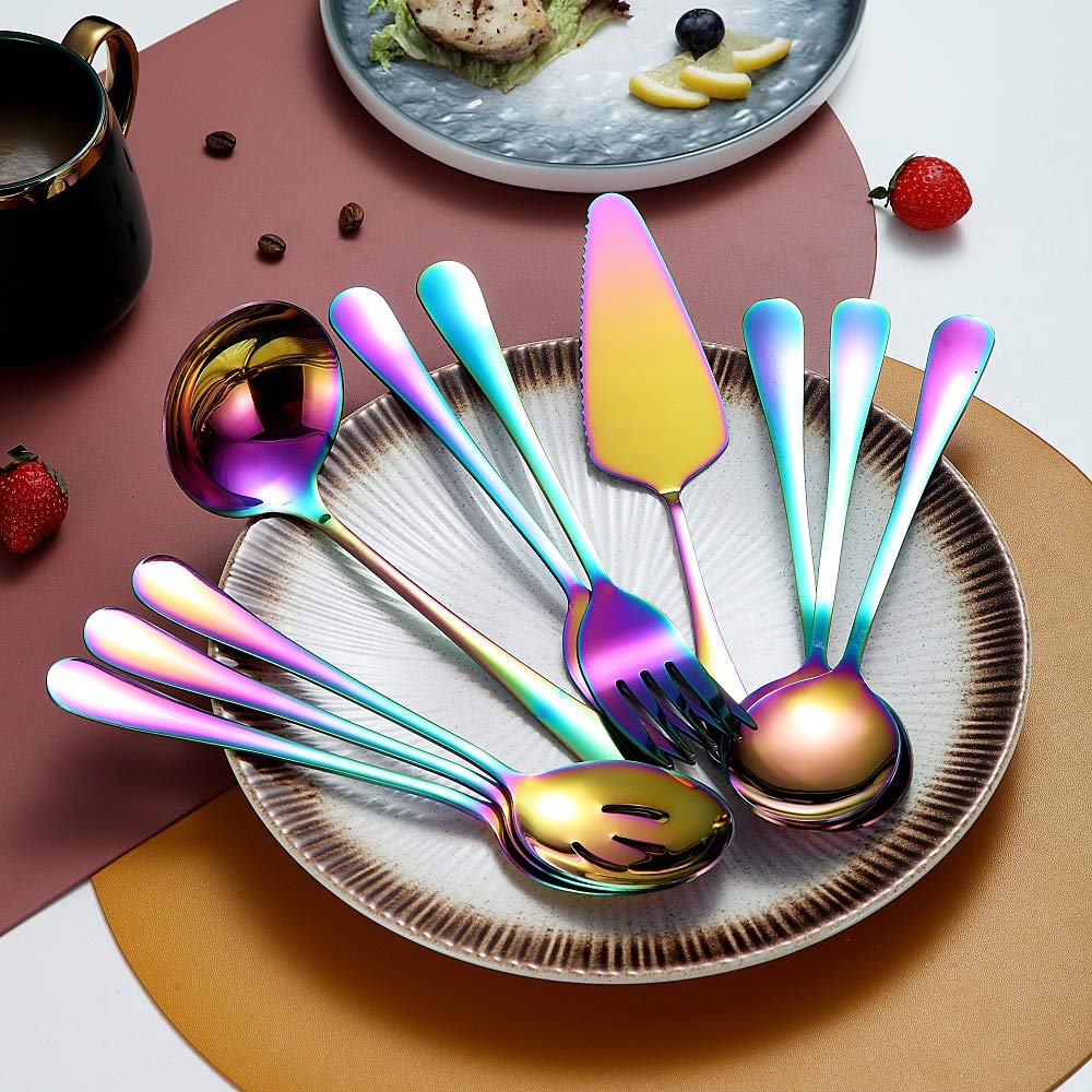 Rainbow 10-Piece Serving Flatware Silverware Set,Stainless Steel Serving Utensil Set,Include Slotted Serving Spoon, Serving Spoo