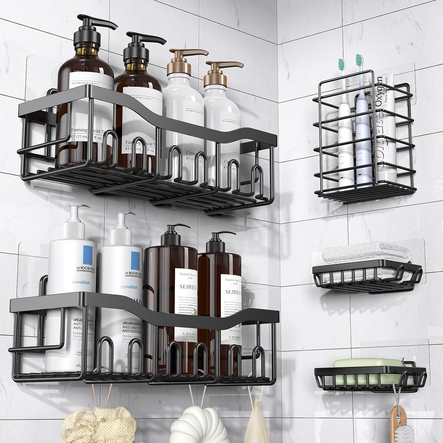 Inart 5Piece SelfAdhesive Bathroom Organizer Set, Alloy Steel WallMounted Shower Caddy With 2 Shelves, 2 Soap Holders And Too