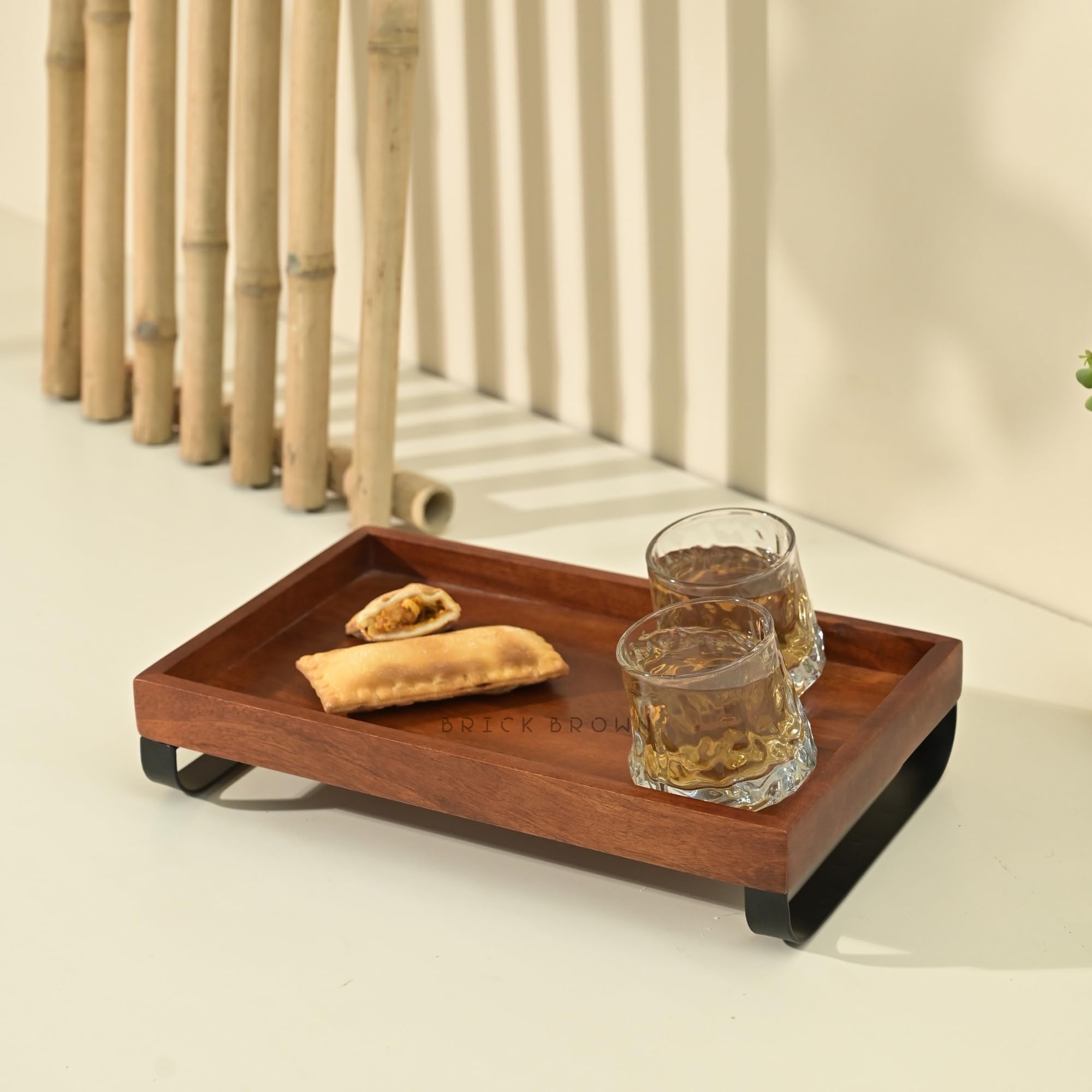 Brick Brown  Premium Handcrafted Serving Wooden Tray For Serving |Tea Tray For Serving Platter | Tray For Dining Table With Blac