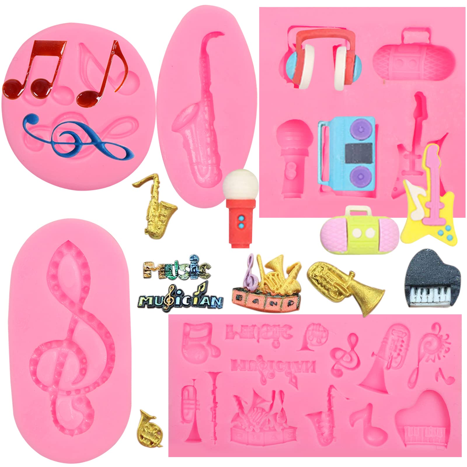 Music Note Fondant Mold 4 Pcs, Musical Instruments Chocolate Silicone Mold Piano Saxophone Boombox Microphone Radio Guitar Mold