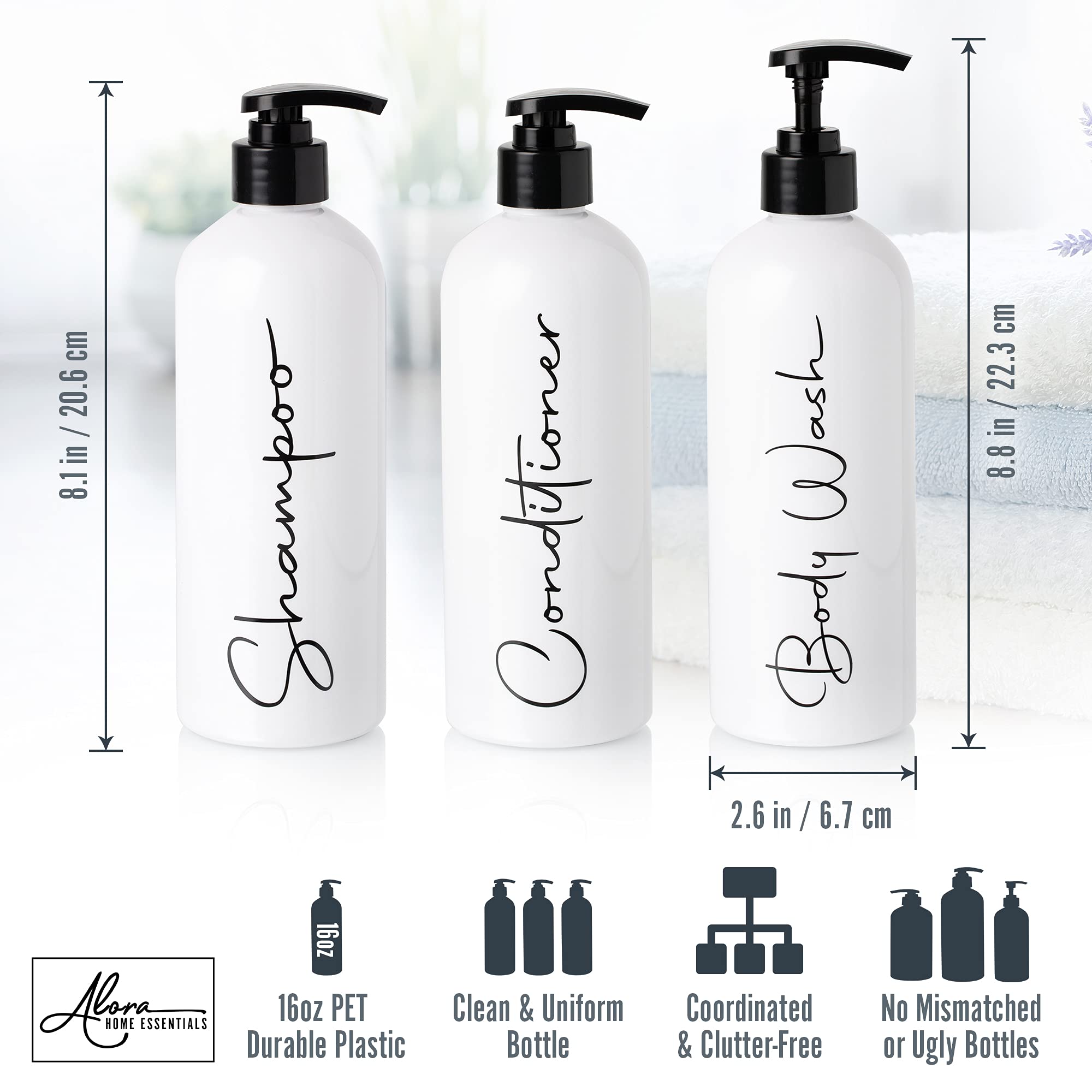 Alora 16Oz Refillable Shampoo And Conditioner Dispenser Bottles - Set Of 3 - Pump Bottle Dispenser For Shampoo, Conditioner, Bod