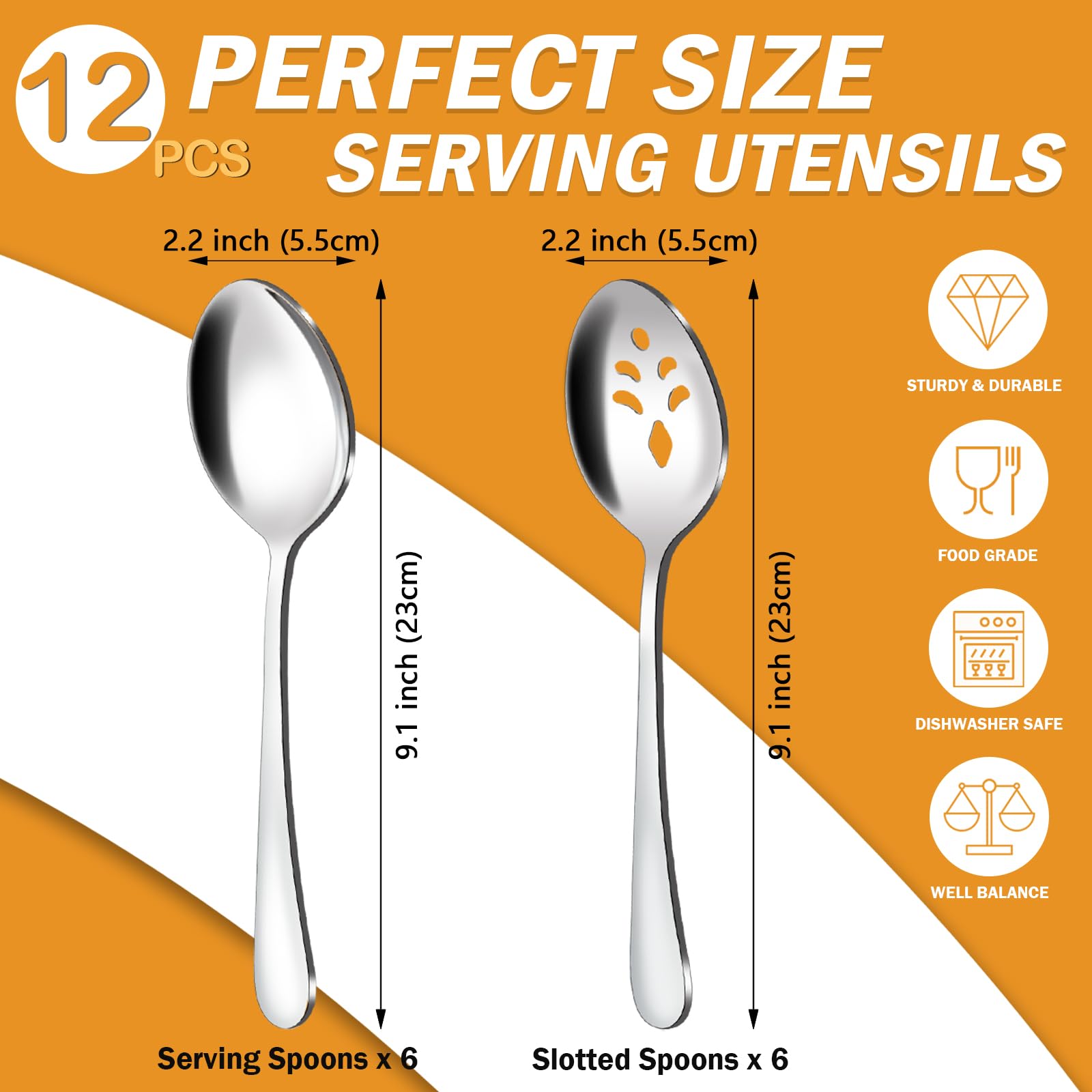 Bewos 12-Piece Serving Spoons Set, 6 Serving Spoons And 6 Slotted Spoons, 9.1-Inch Serving Utensils Set For Parties, Serving Spo
