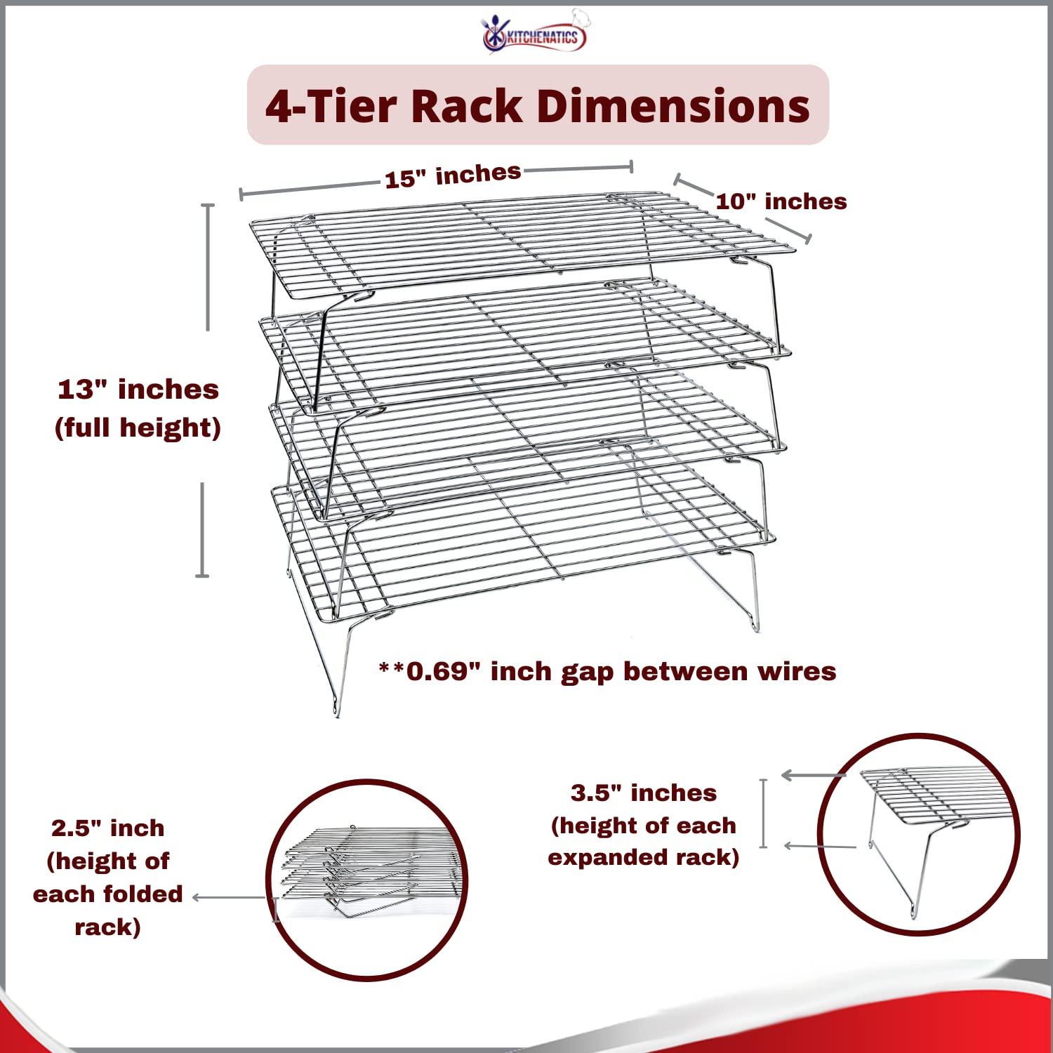 Kitchenatics 4-Tier Stackable Cooling Racks For Baking, 100% Stainless Steel Wire Rack, Oven Safe Baking Rack, Oven Rack For Piz