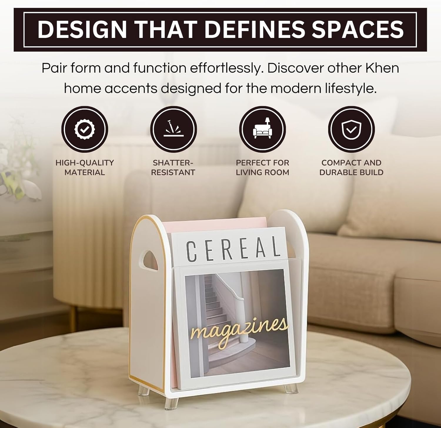 Khen Acrylic Magazine Holder with Gold Trim - 12.40" x 10" x 4.49"