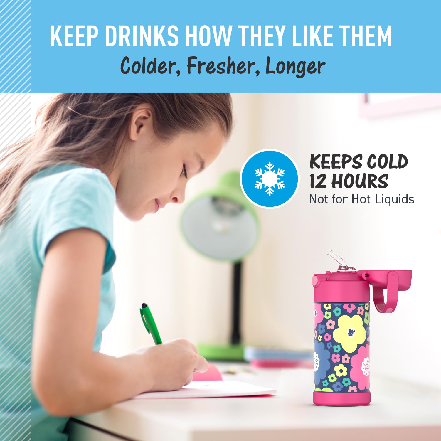 Thermos Funtainer Water Bottle With Straw - 12 Ounce, Mod Flowers - Kids Stainless Steel Vacuum Insulated Water Bottle With Lid