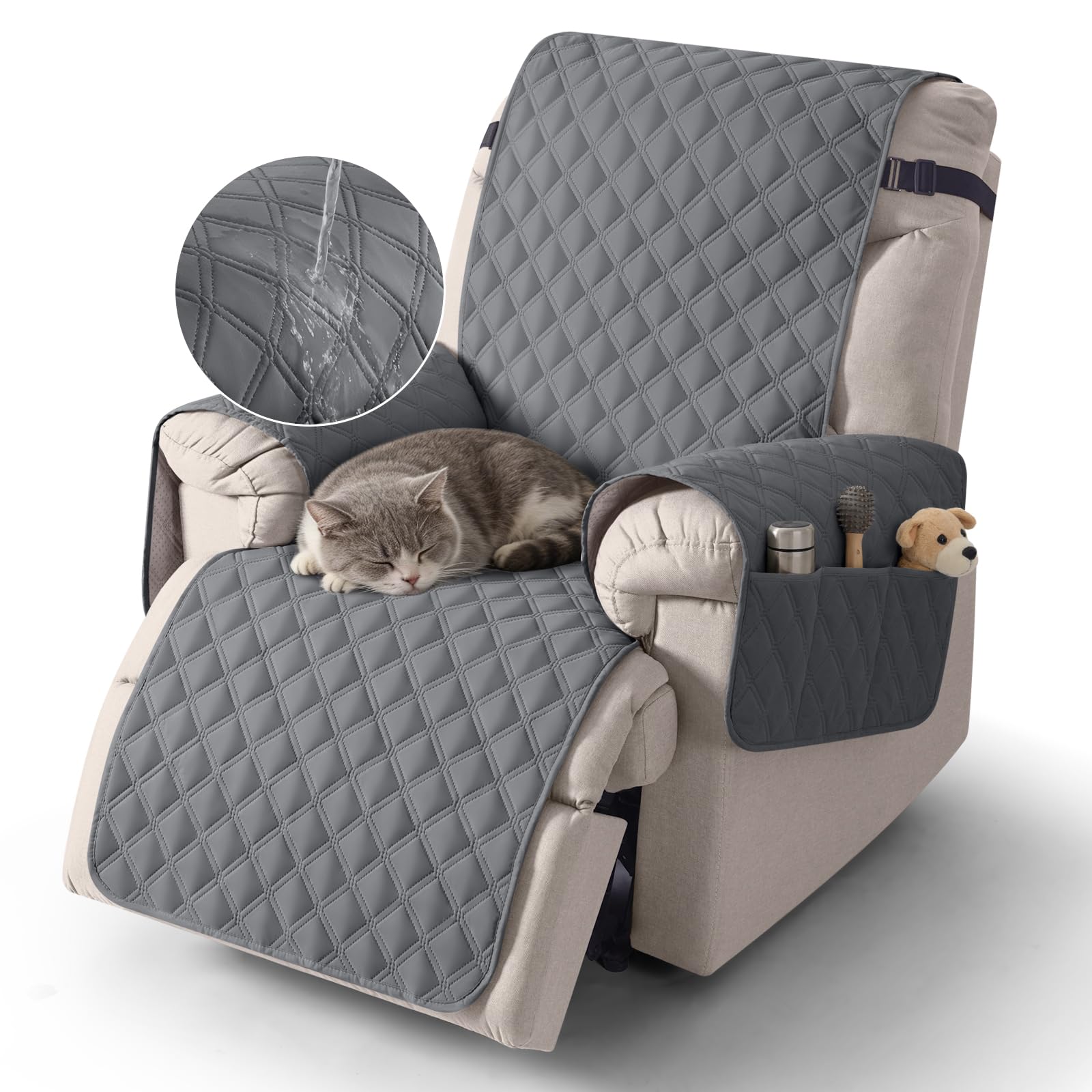 Taococo Polyester Recliner Chair Cover - Waterproof 1 Seater Sofa Protector, Anti-Slip Armchair Cover With Pockets For Pets (Dar
