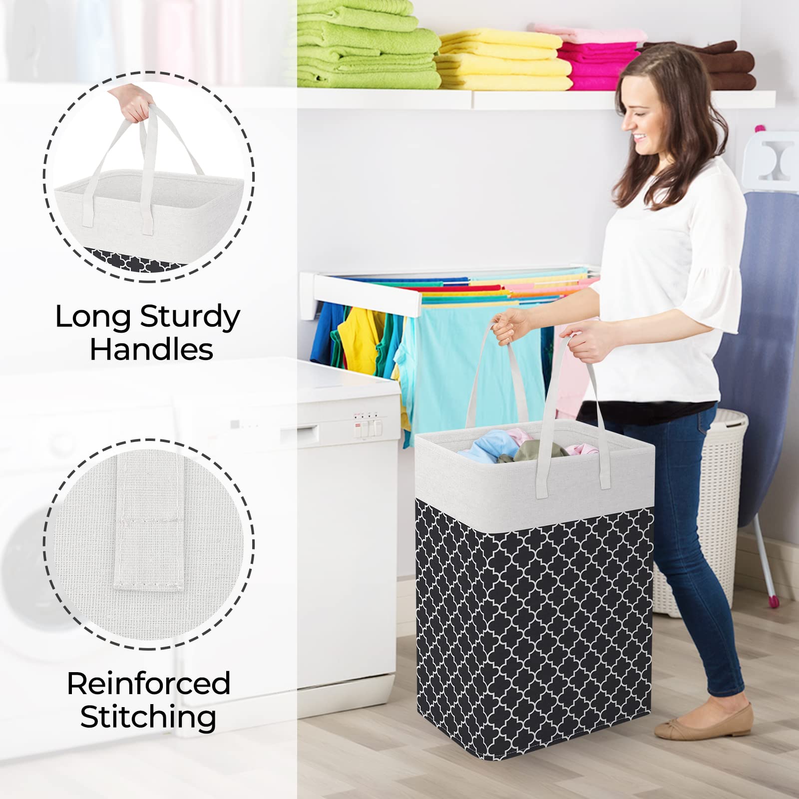 StorageRight Freestanding Laundry Basket Large Collapsible Laundry Hamper with Easy Carry Handles  for Laundry  Bedroom  Dorm  Clothes  Towels  Toys  75L  Clover Black