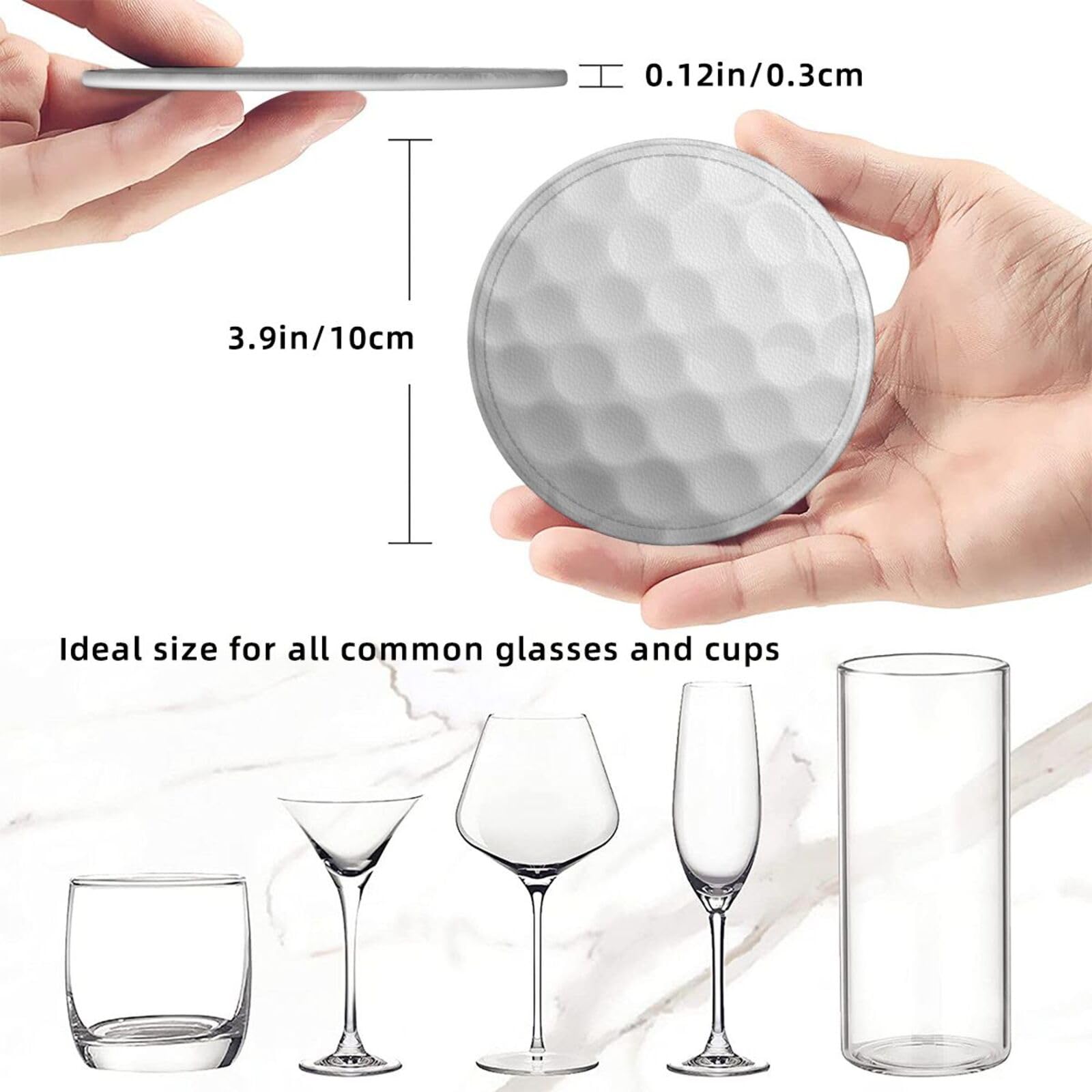 White Golf Ball Coasters For Drinks With Holder, Leather Coasters Set Of 6, Round Cups Mugs Mat Pad For Home Kitchen