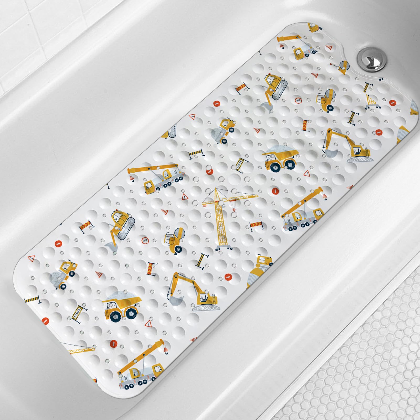 Lnond Bath Mat For Tub For Kids, Boy Toddler Bathtub Mat Non Slip, Yellow Excavator Kids Bath Mats For Bathroom Non Slip With Dr
