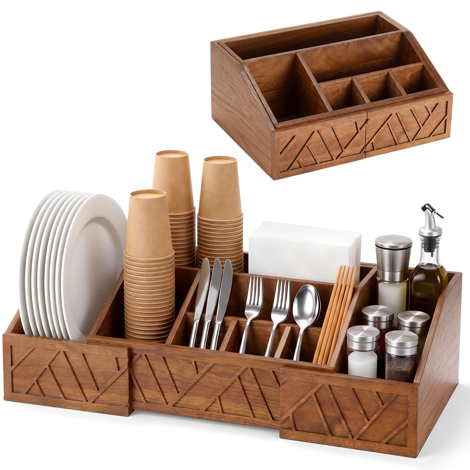 Acellegic Paper Plate Dispenser Extendable, Paper Plate Holder for Kitchen Counter Wood Silverware Utensil Caddy Cutlery Flatwar