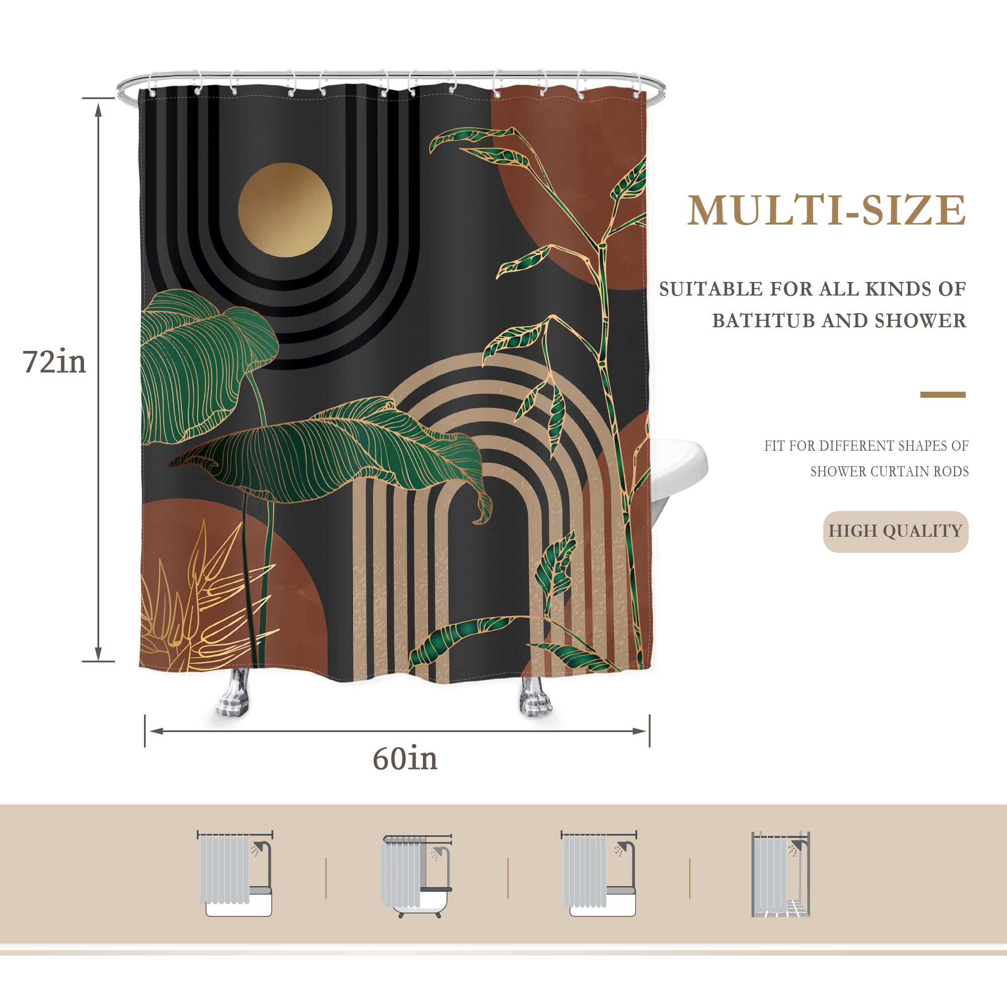 Glawry Brown Abstract Mid Century Shower Curtain Boho Retro Tropical Palm Tree Sun Arch Modern Bathroom Aesthetic Geometric 60Wx