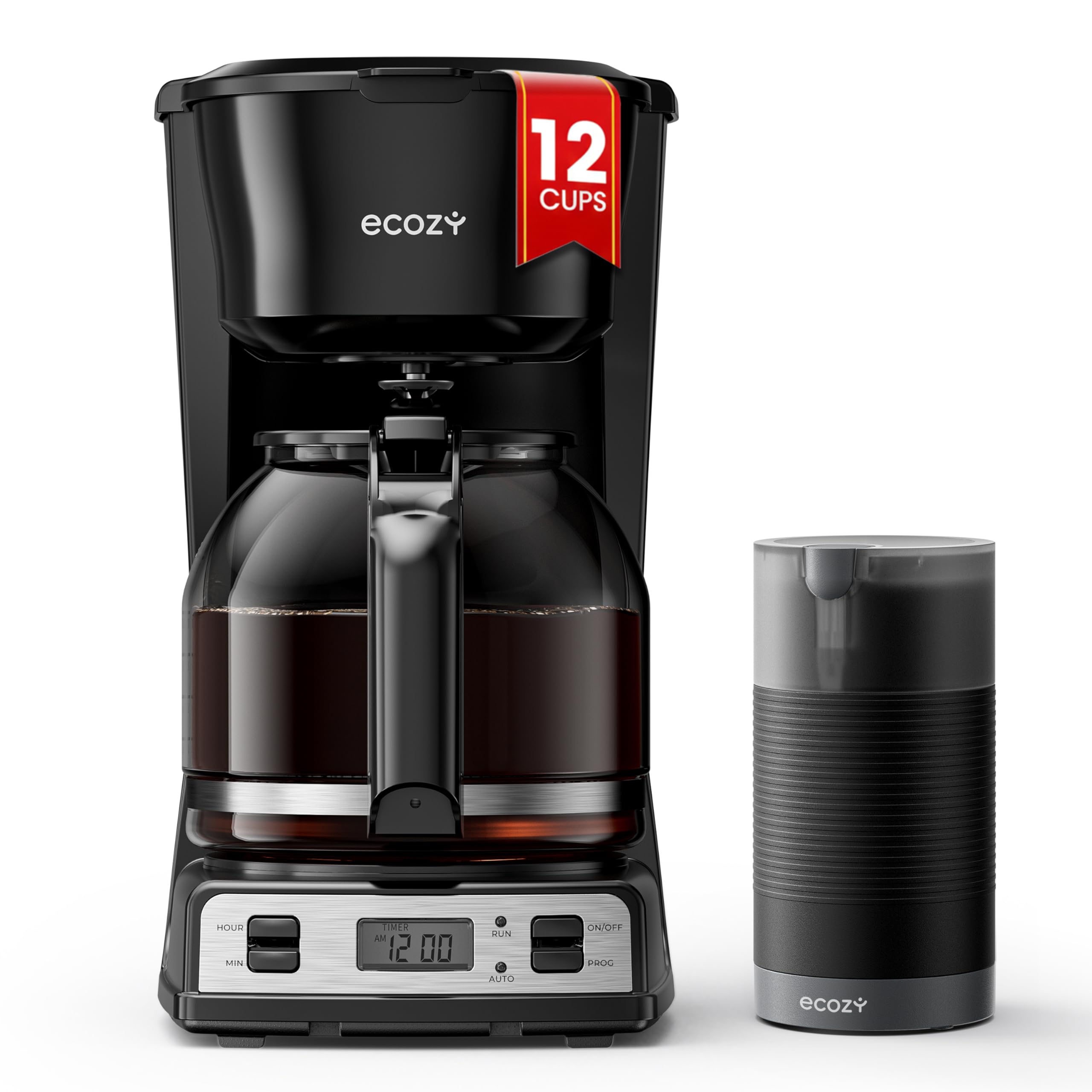 ecozy 12-Cup Drip Coffee Maker with Electric Coffee Grinder Combos, Programmable Coffee Machine with Washable Basket Filter, Aut