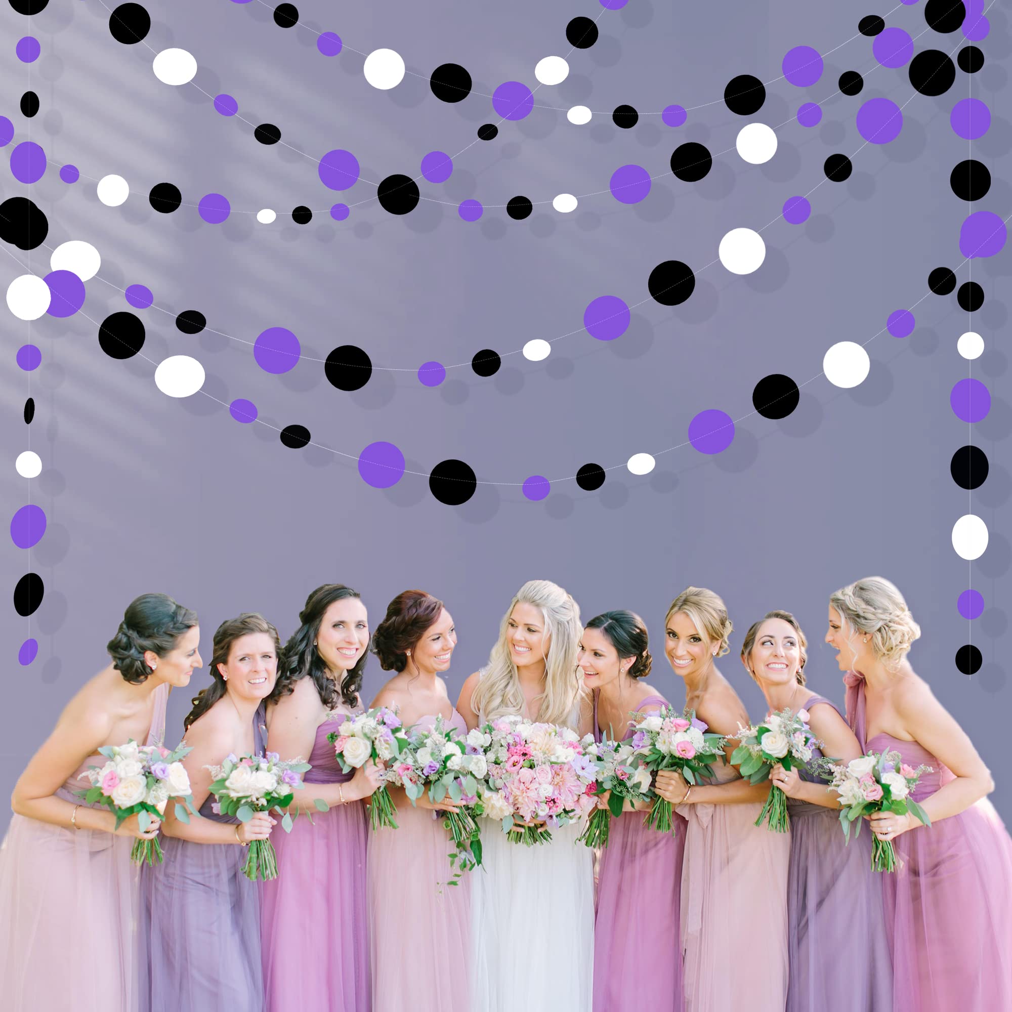 46Ft Purple Black Circle Dots Garlands Black Purple And White Polka Dot Hanging Paper Streamer Banners For Birthday Graduation W