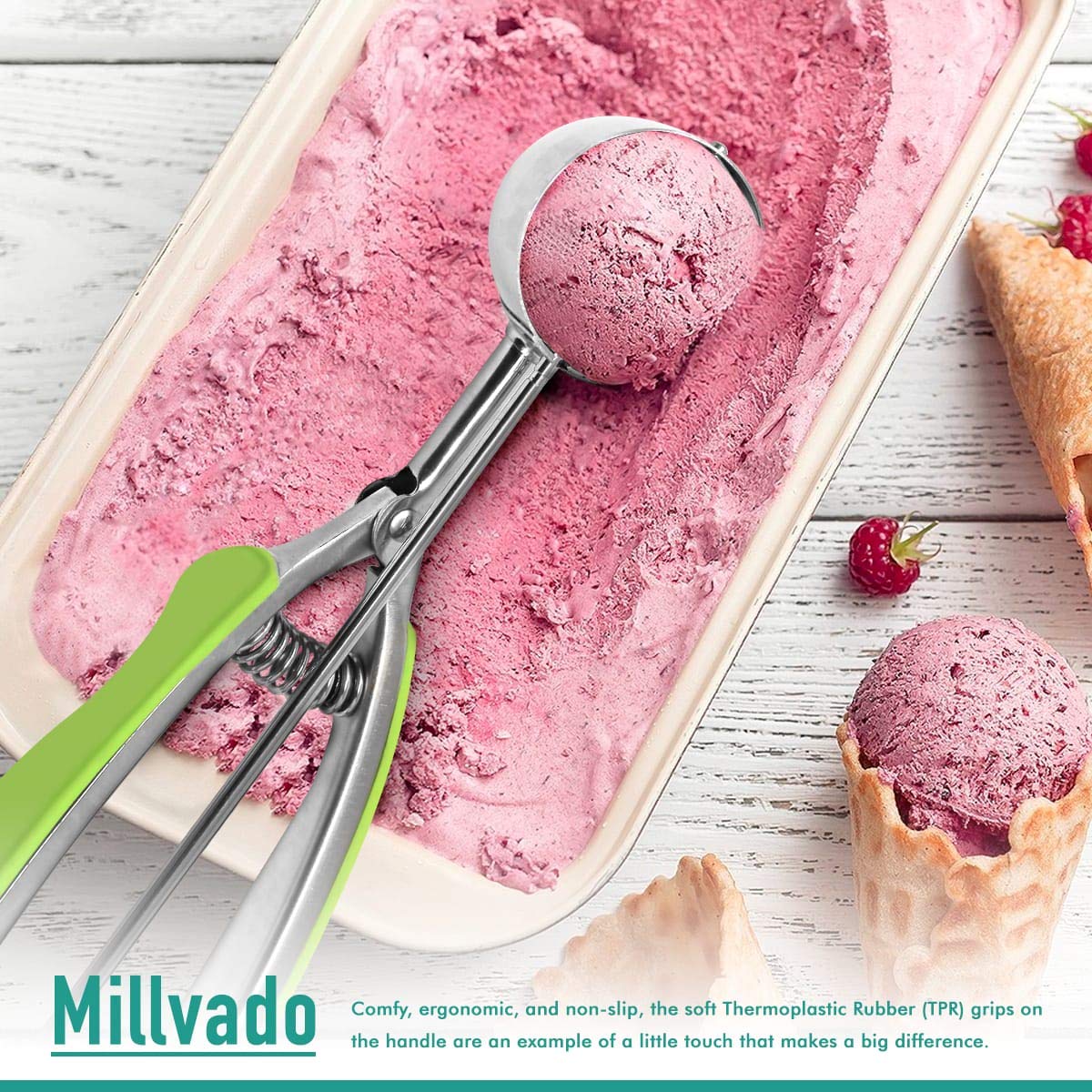 Millvado 3 Pack Stainless Steel Ice Cream And Cookie Scoops | With Green Rubber Grips - Spring Loaded Lever Design - For Sorbet,
