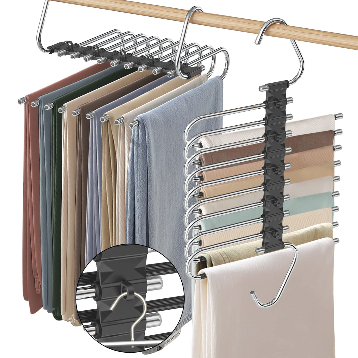 Upgrade 9 Layers Pants Hangers Space Saving, 2 Pack Non Slip Stainless Steel Multifunctional Pants Rack Closet Pant Hanger Organ