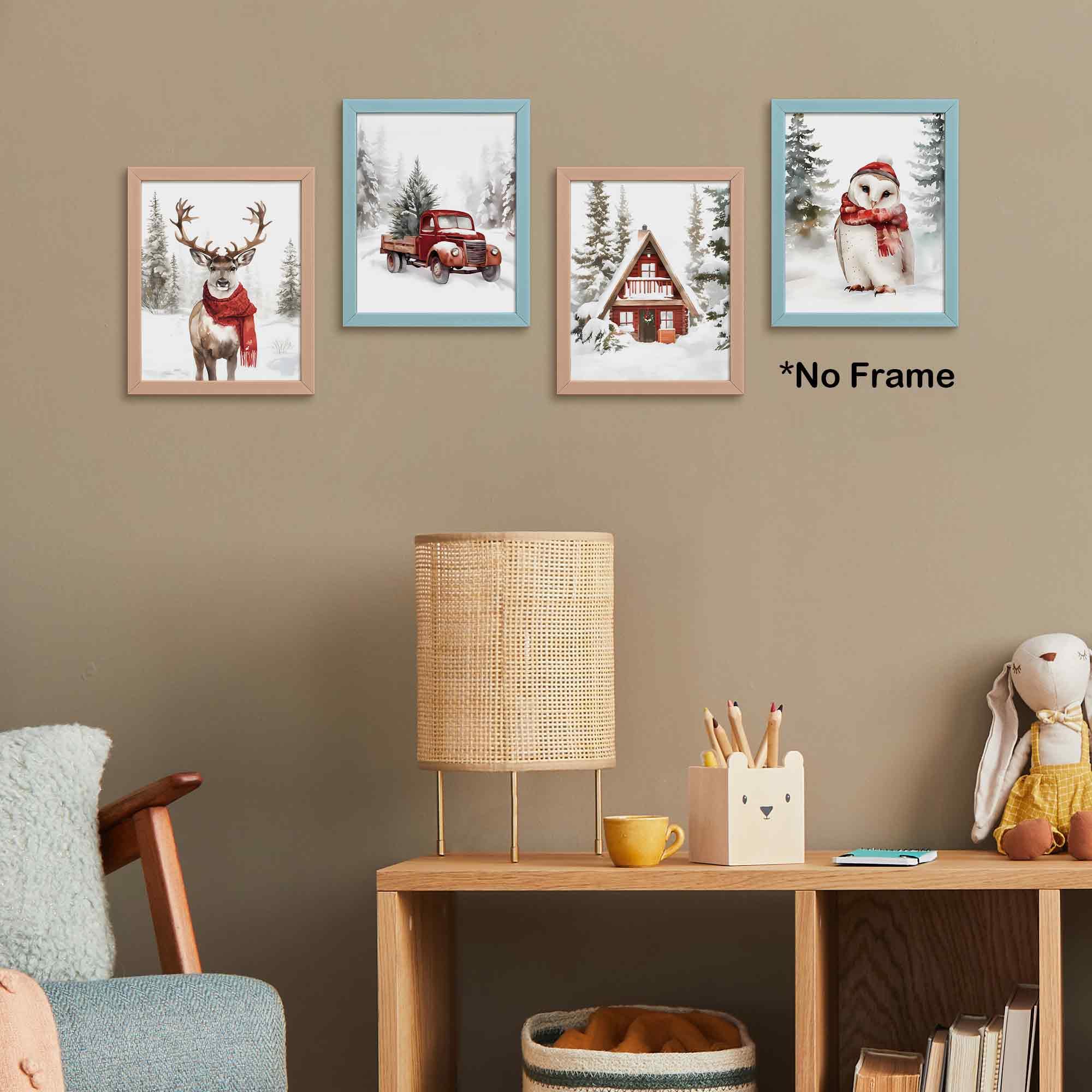 Tleske Winter Christmas Snowy Woodland Animals Posters Prints Unframed Set Of 4, Deer Reindeer Moose Owl With Red Scarf Wall Art